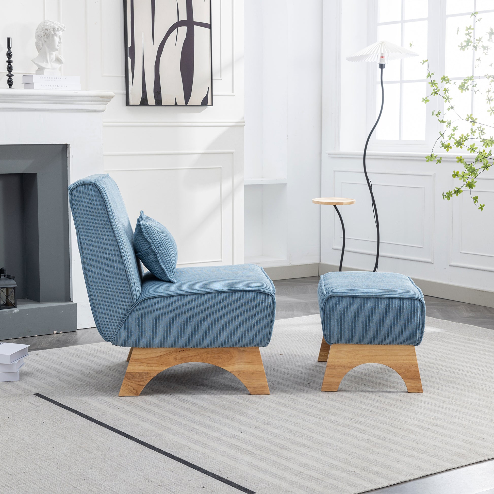 29.13" Wide Accent Chair With Ottoman Lounge Armless Chair Upholstered Reading Chair Single Sofa With Nature Wooden Leg And Throw Pillow For Living Room Bedroom Dorm Room Office, Blue Corduroy Blue Corduroy