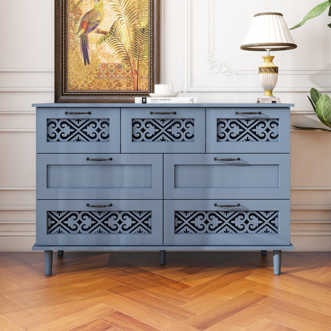 7 Drawer Cabinet, American Furniture, Suitable For Bedroom, Living Room, Study Blue Particle Board