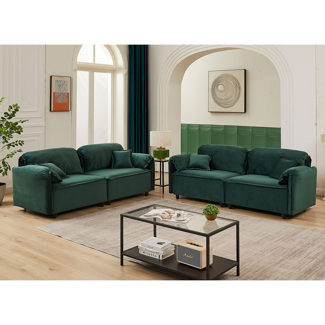 Luxury Modern Style Living Room Upholstery Sofa, Velvet Green Wood Wood