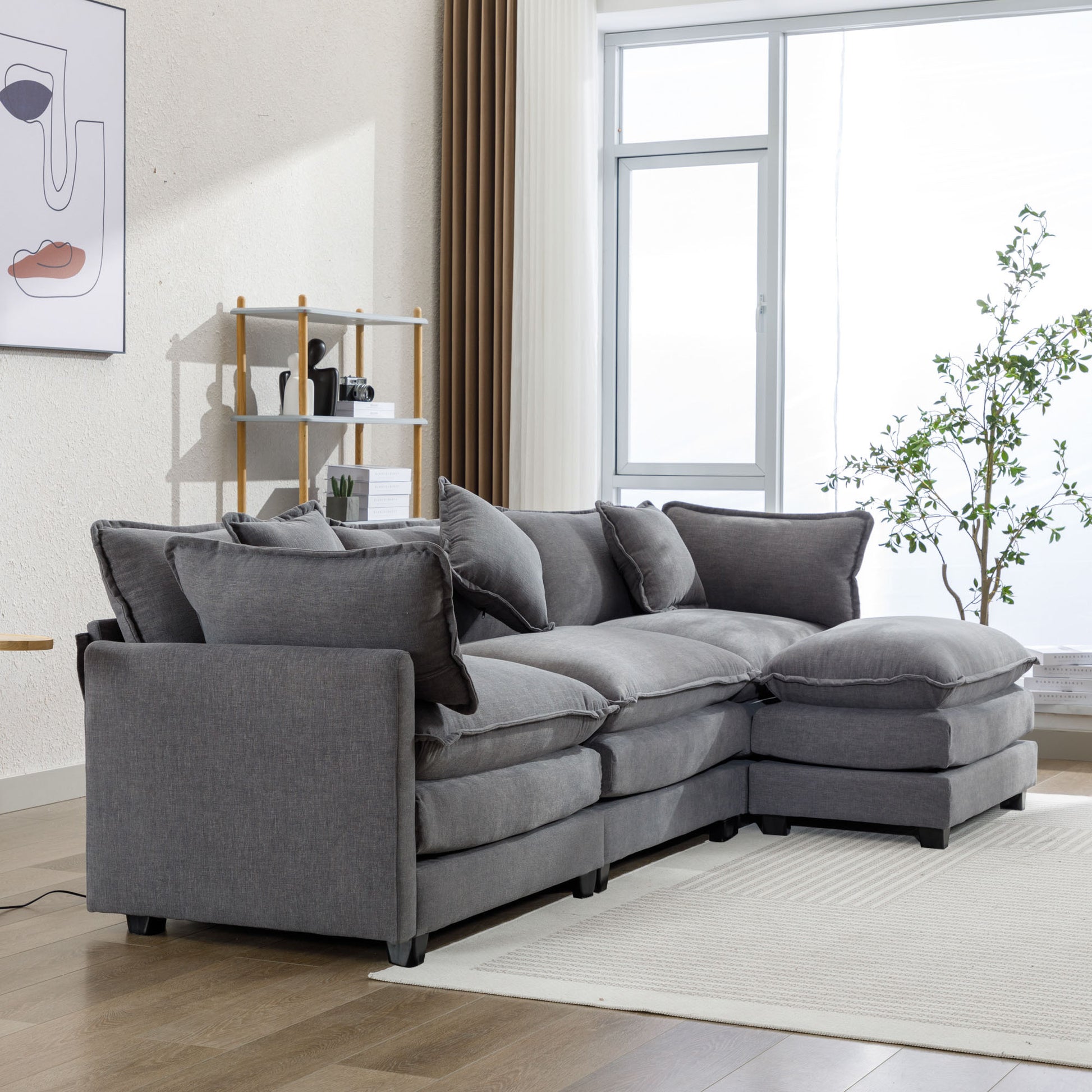 112.2" L Shape Chenille Upholstered Sofa For Living Room Modern Luxury Sofa Couch With Ottoman, 5 Pillows, Gray Gray Foam 4 Seat