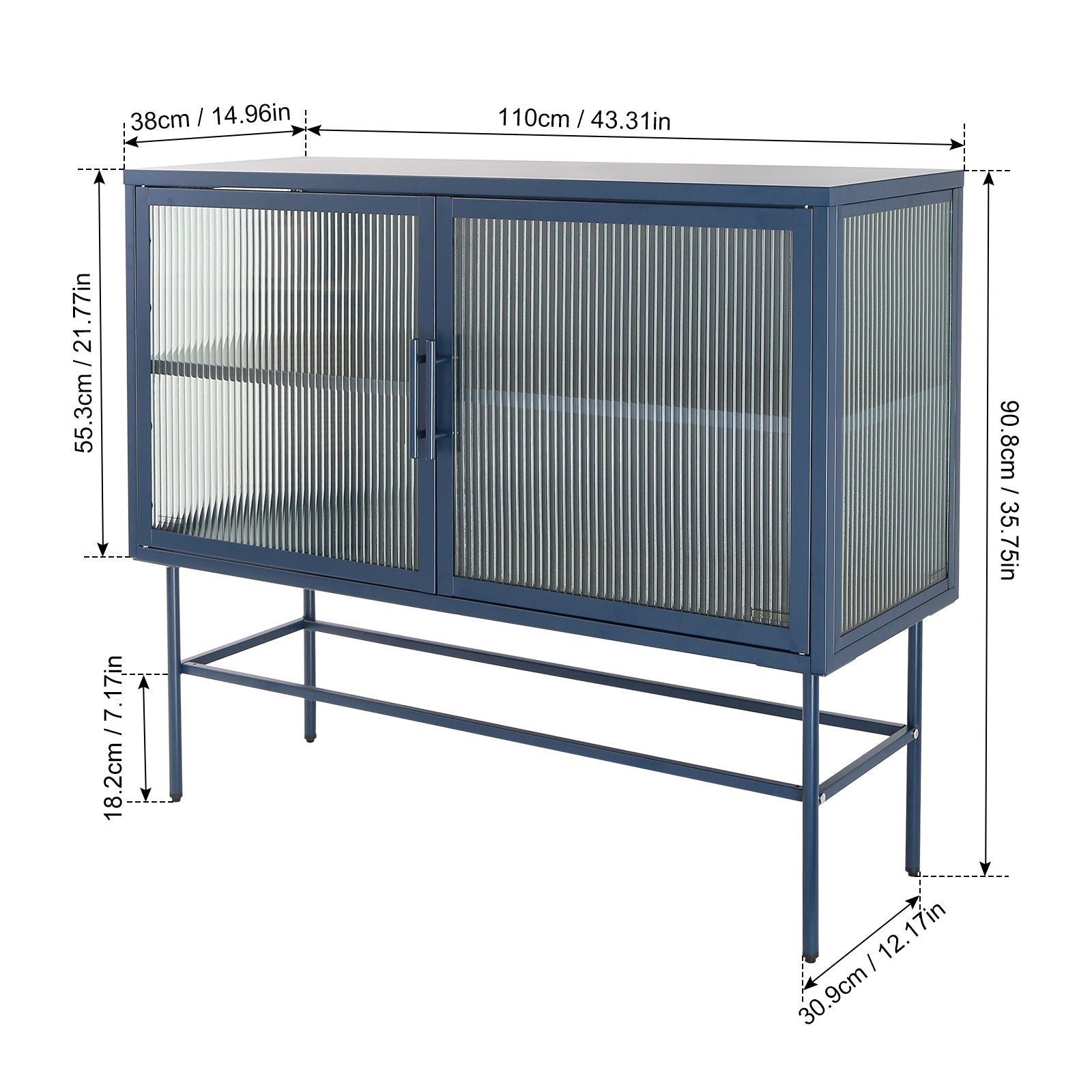 Double Door Tempered Glass Sideboard Console Table With 2 Fluted Glass Doors Adjustable Shelf And Feet Anti Tip Dust Free Kitchen Credenza Cabinet Blue Blue Tempered Glass Sheet Metal Plastic