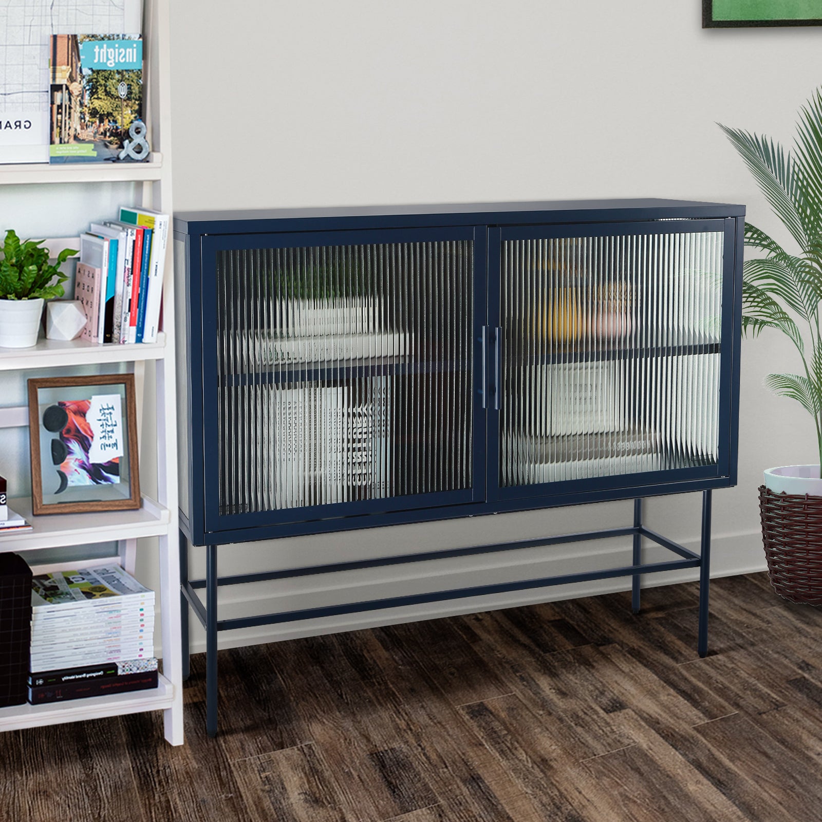 Double Door Tempered Glass Sideboard Console Table With 2 Fluted Glass Doors Adjustable Shelf And Feet Anti Tip Dust Free Kitchen Credenza Cabinet Blue Blue Tempered Glass Sheet Metal Plastic