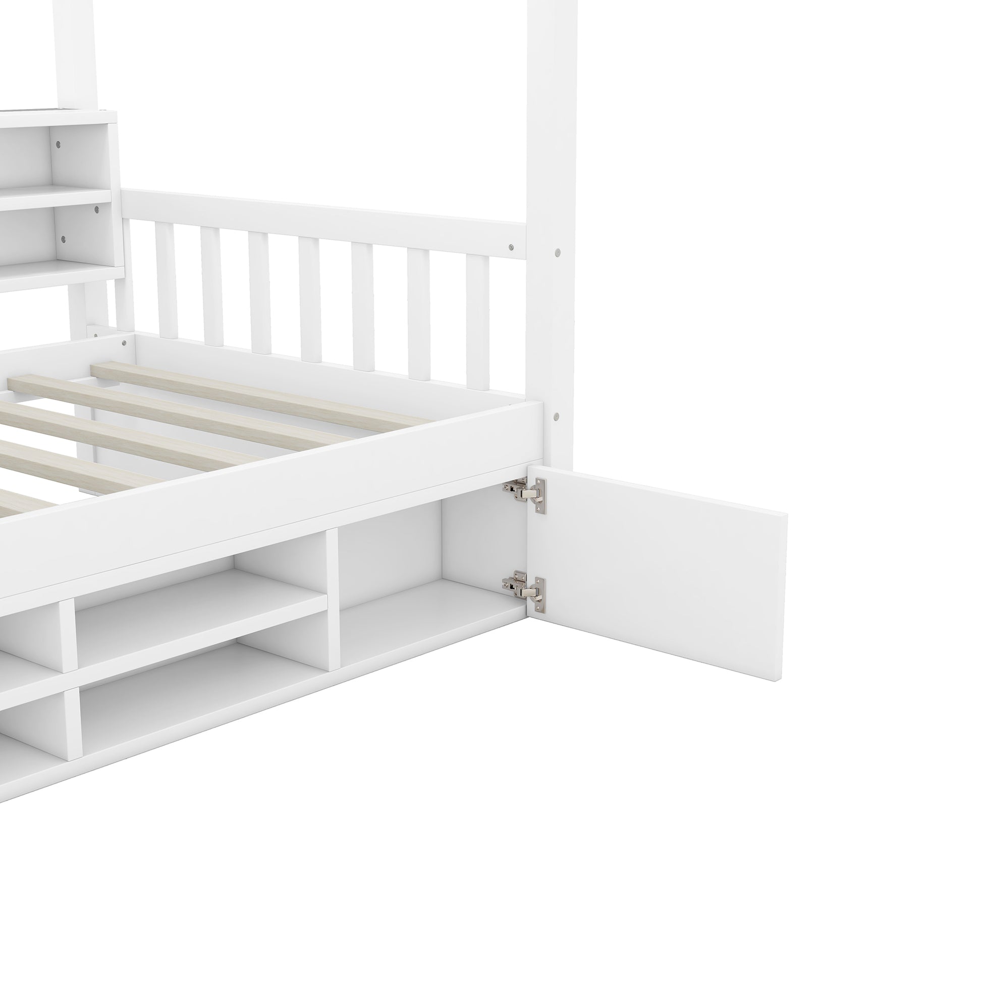 Twin Size Wooden House Bed With Shelves And A Mini Cabinet, White Box Spring Not Required White Wood Bedroom Pine Bed Frame Wood