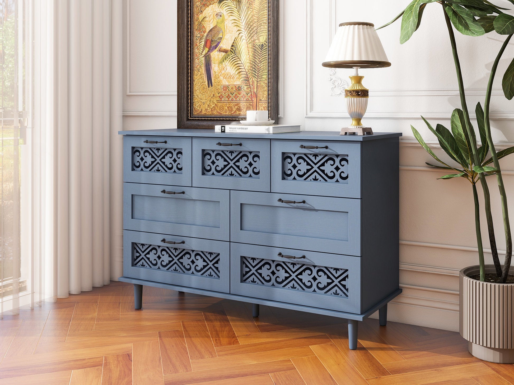 7 Drawer Cabinet, American Furniture, Suitable For Bedroom, Living Room, Study Blue Particle Board