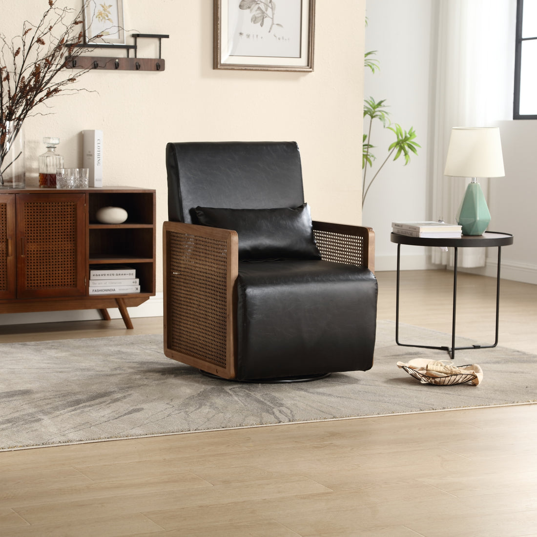 Coolmore 360 Degree Swivel Barrel Club Chair With One Pillow,Modern Comfortable Upholstered Accent Chair,Linen Accent Chair For Living Room,Bedroom Black Pu Black Pu Primary Living Space Modern Foam Pu Leather