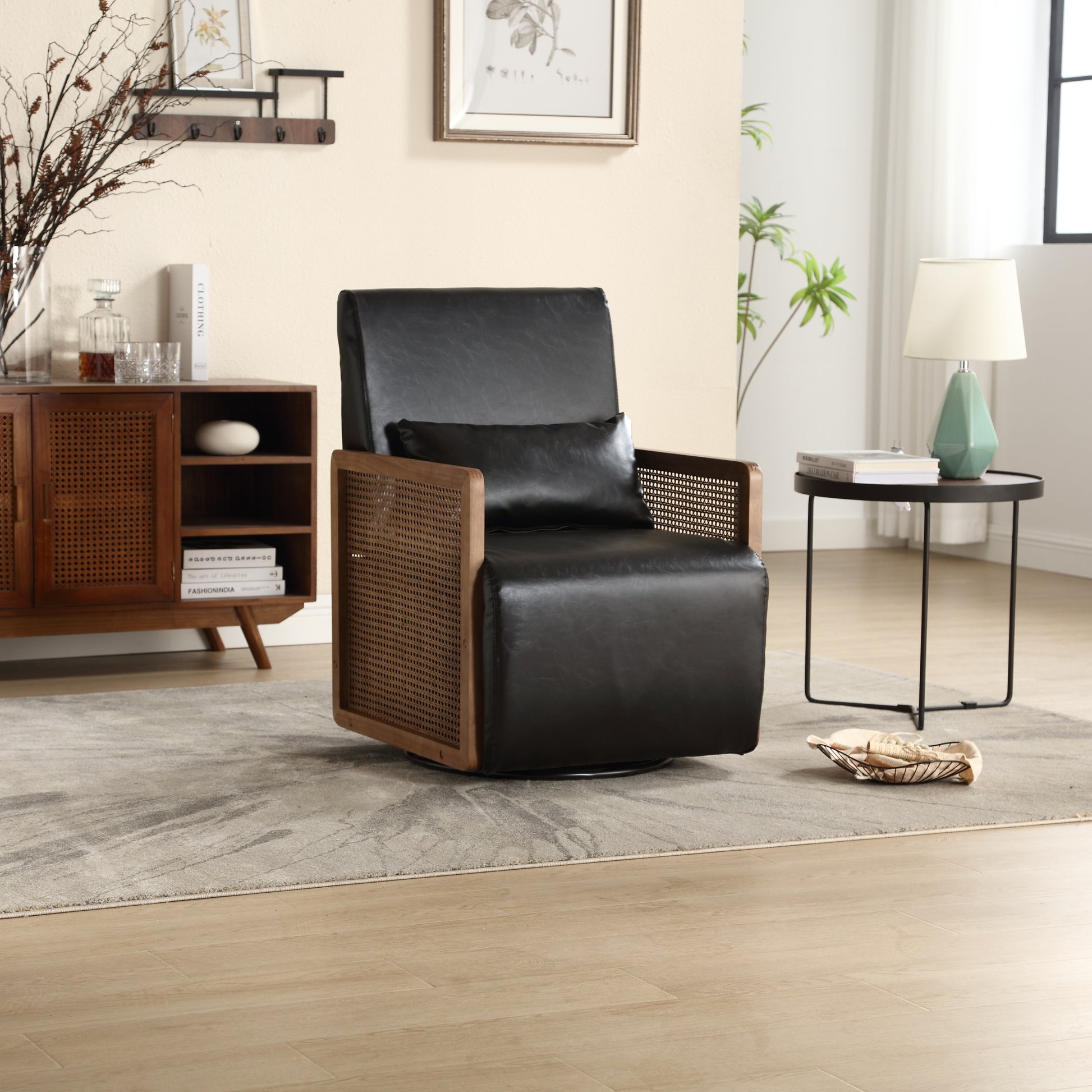 Coolmore 360 Degree Swivel Barrel Club Chair With One Pillow,Modern Comfortable Upholstered Accent Chair,Linen Accent Chair For Living Room,Bedroom Black Pu Black Pu Primary Living Space Modern Foam Pu Leather