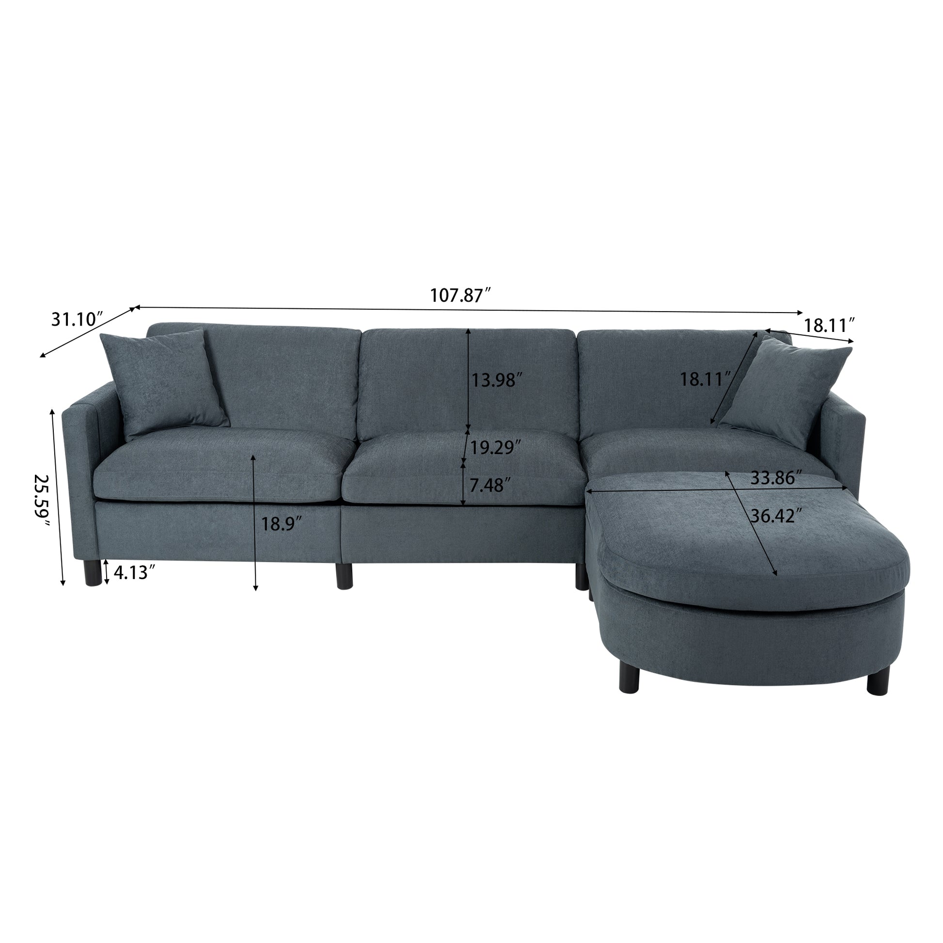 107.87'Sectional Sofa Couch With 1 Ottoman,Seat Cushion And Back Cushion Removable Dark Gray Polyester