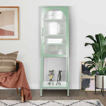 Stylish Tempered Glass High Cabinet With Arched Door Adjustable Shelves And Feet Anti Tip Dust Free Fluted Glass Kitchen Credenza Light Green Mint Green Tempered Glass Sheet Metal Plastic