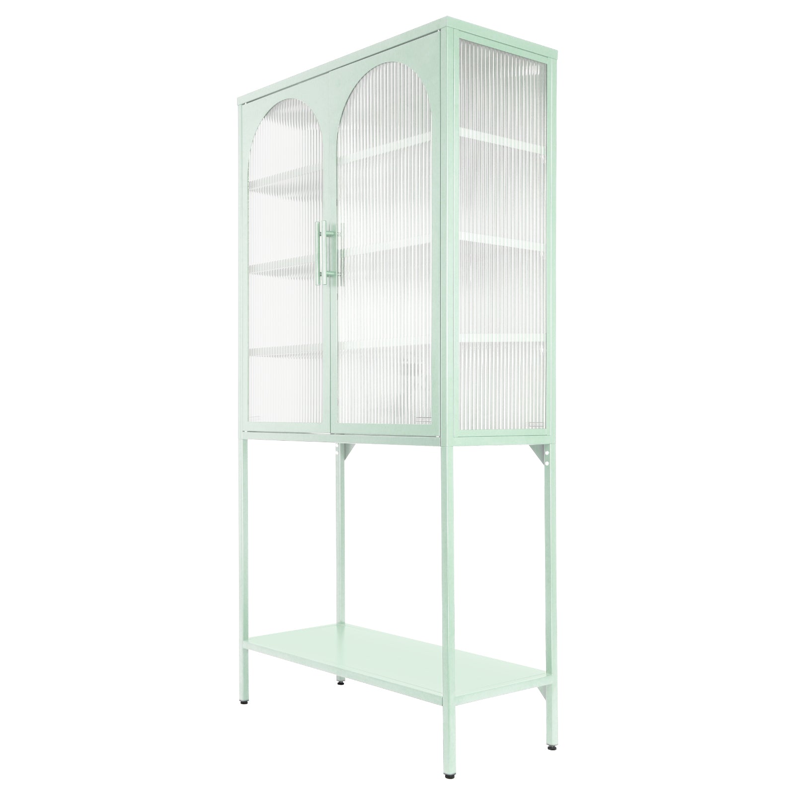 Elegant Floor Cabinet With 2 Glass Arched Doors Living Room Display Cabinet With Adjustable Shelves Anti Tip Dust Free Easy Assembly Light Green Mint Green Tempered Glass Sheet Metal Plastic