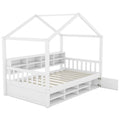 Twin Size Wooden House Bed With Shelves And A Mini Cabinet, White Box Spring Not Required White Wood Bedroom Pine Bed Frame Wood