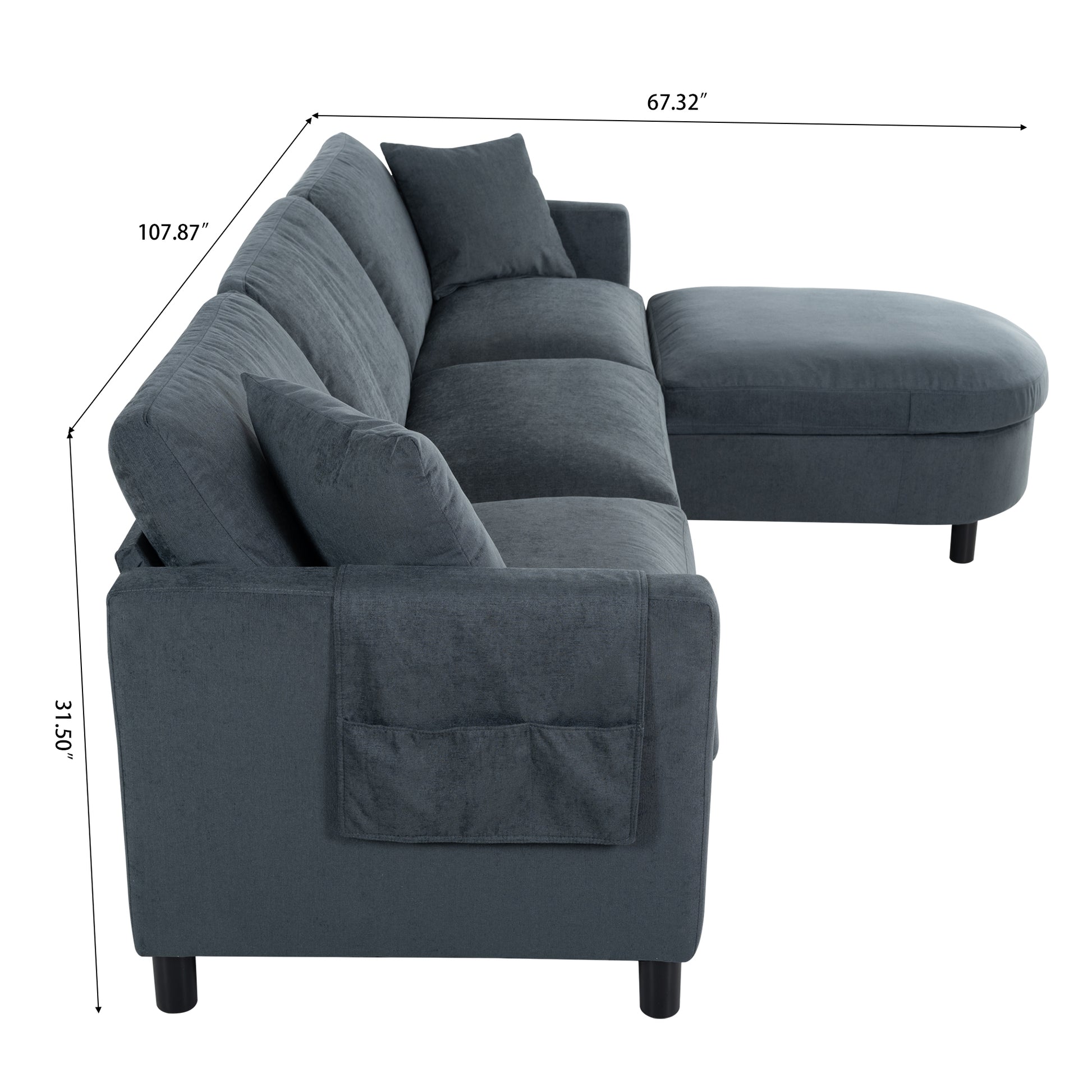 107.87'Sectional Sofa Couch With 1 Ottoman,Seat Cushion And Back Cushion Removable Dark Gray Polyester