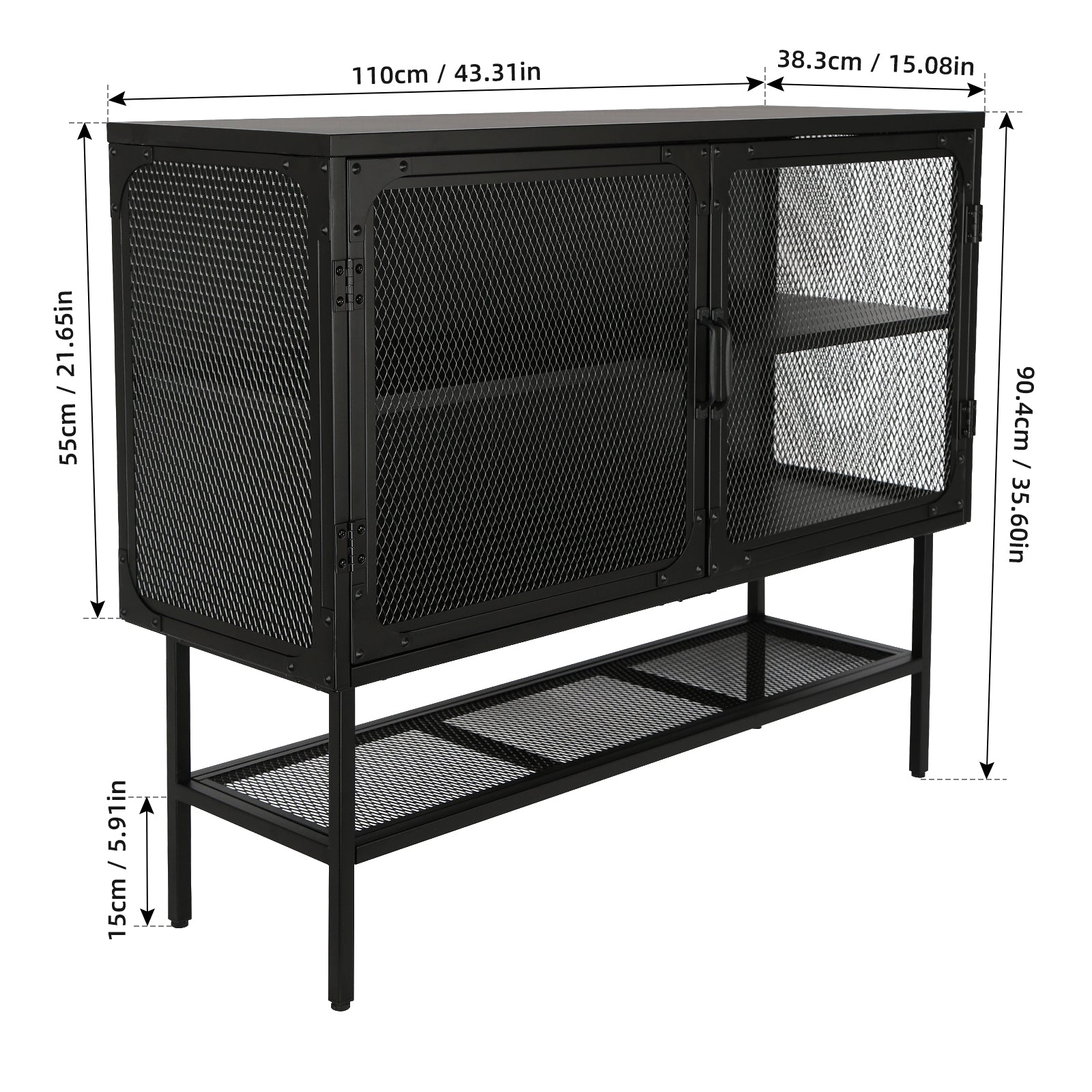 Industrial Double Door Cabinet Console Table With 2 Mesh Doors Adjustable Shelf And Feet Bottom Shelf Anti Tip Dust Free Kitchen Credenza Sideboard Frosted Black Black Steel