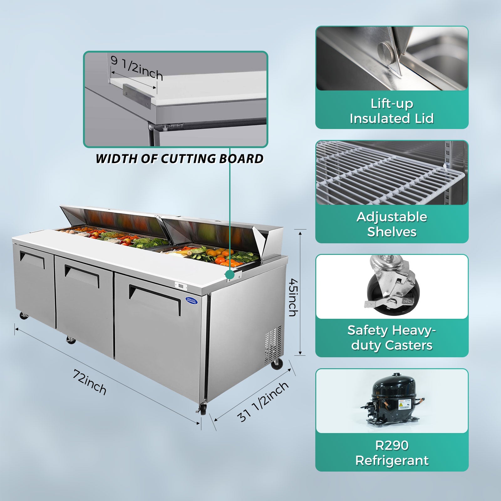 Orikool 72 In Commercial Refrigerators Sandwich&Salad Prep Table With A Butcher Block Cutting Board, Protection Lid, Cold Storage, Etl Certified Silver Stainless Steel