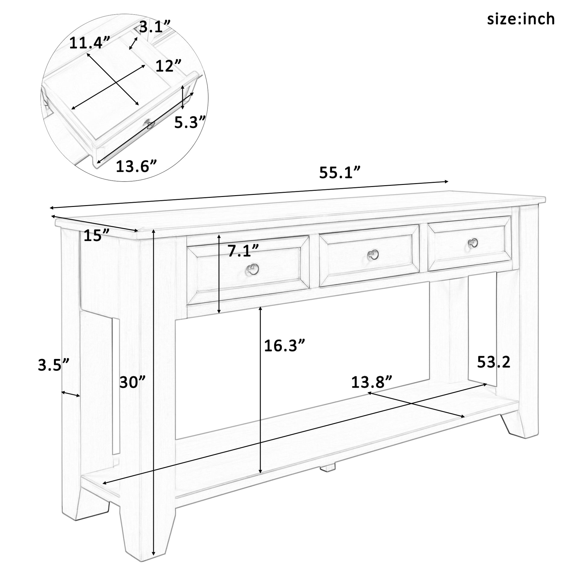 55'' Modern Console Table Sofa Table For Living Room With 3 Drawers And 1 Shelf As Same As Wf299185Aac Blue Solid Wood
