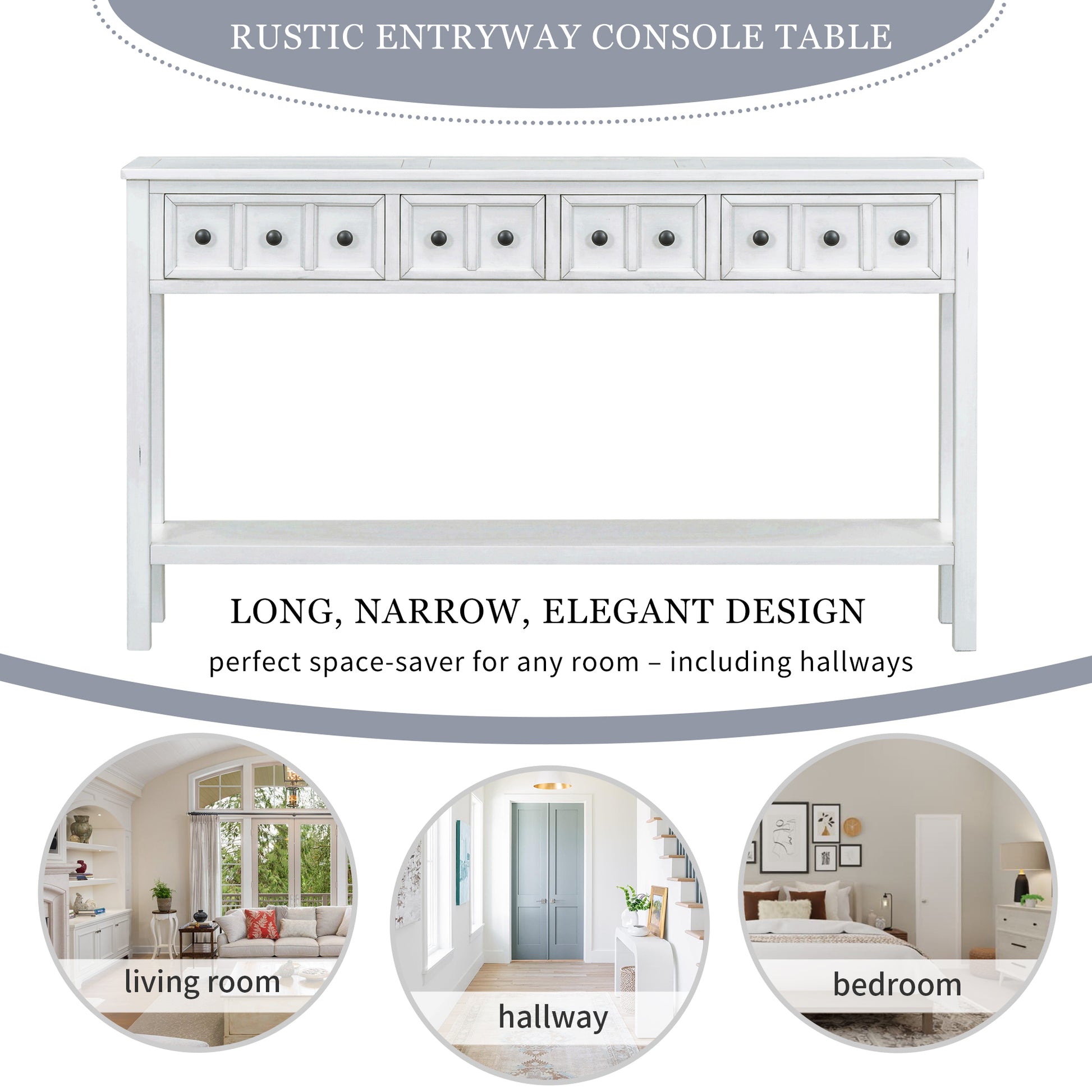 Rustic Entryway Console Table, 60" Long Sofa Table With Two Different Size Drawers And Bottom Shelf For Storage Antique White Antique White Solid Wood