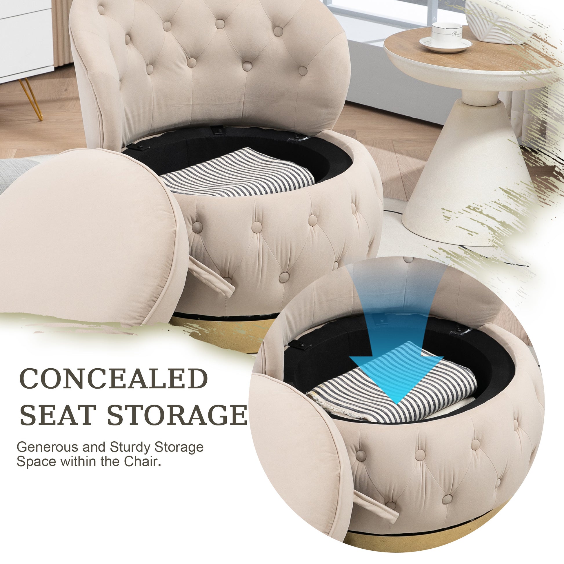 360 Degree Swivel Cuddle Barrel Accent Storage Chairs, Round Armchairs With Wide Upholstered, Fluffy Velvet Fabric Chair For Living Room, Bedroom, Office, Waiting Rooms Beige Primary Living Space Foam Velvet