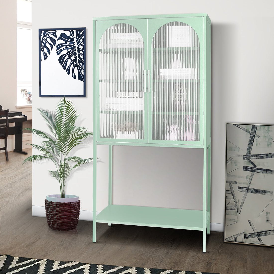 Elegant Floor Cabinet With 2 Glass Arched Doors Living Room Display Cabinet With Adjustable Shelves Anti Tip Dust Free Easy Assembly Light Green Mint Green Tempered Glass Sheet Metal Plastic