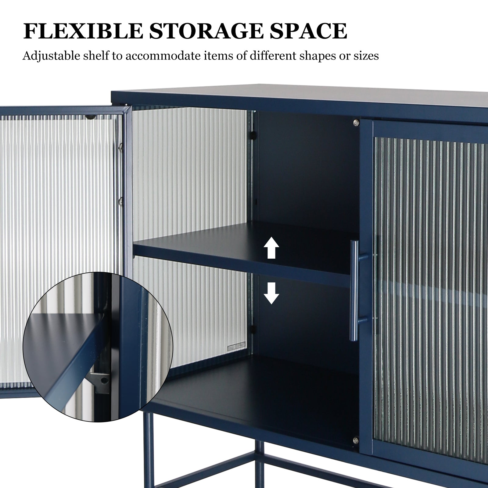 Double Door Tempered Glass Sideboard Console Table With 2 Fluted Glass Doors Adjustable Shelf And Feet Anti Tip Dust Free Kitchen Credenza Cabinet Blue Blue Tempered Glass Sheet Metal Plastic