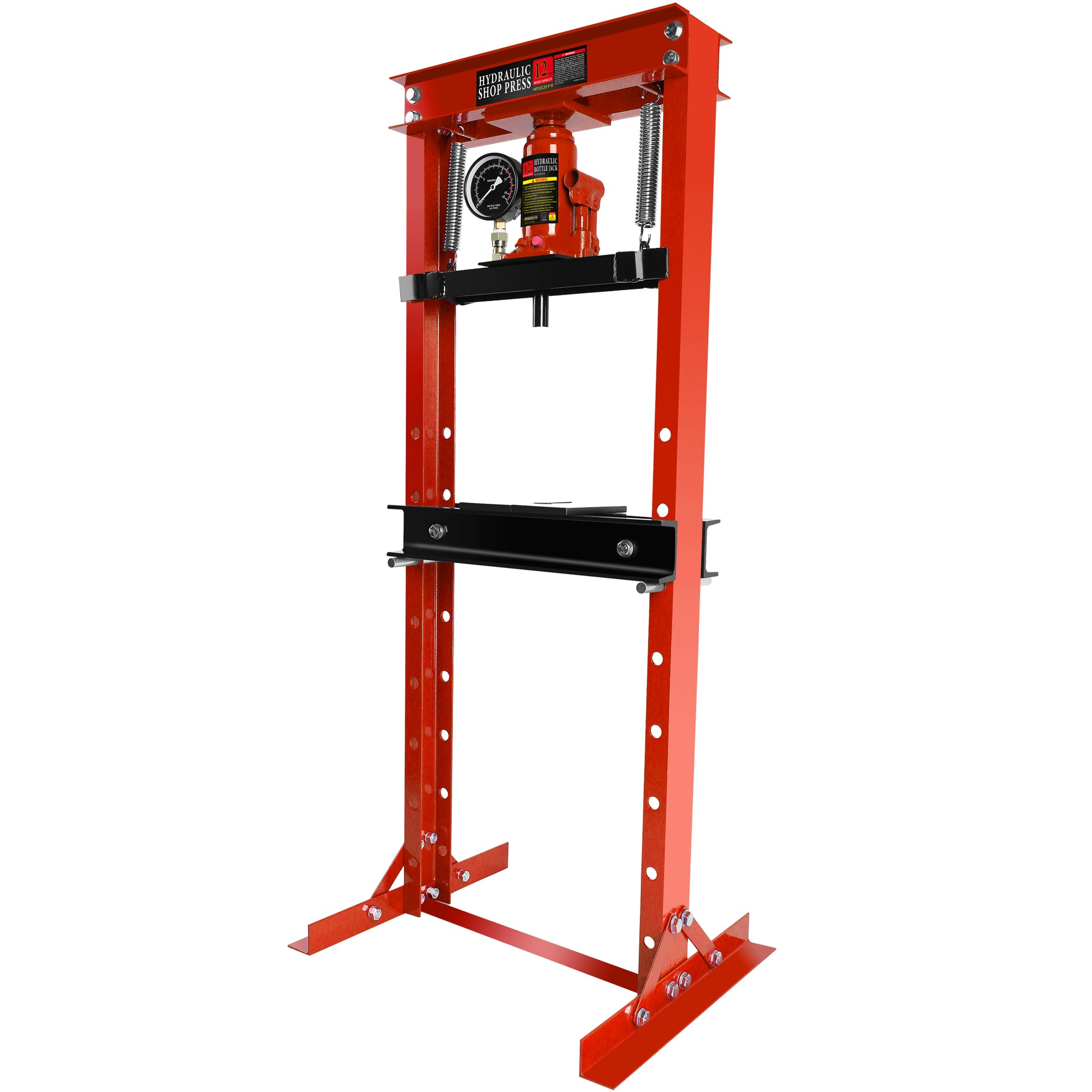 Steel H Frame Hydraulic Garage Shop Floor Press With Stamping Plates, With A Pressure Gauge,12 Ton 24,000 Lb Capacity, Red Red Steel