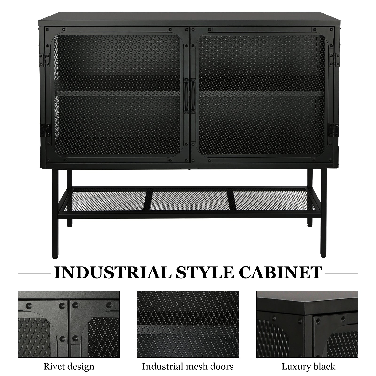 Industrial Double Door Cabinet Console Table With 2 Mesh Doors Adjustable Shelf And Feet Bottom Shelf Anti Tip Dust Free Kitchen Credenza Sideboard Frosted Black Black Steel