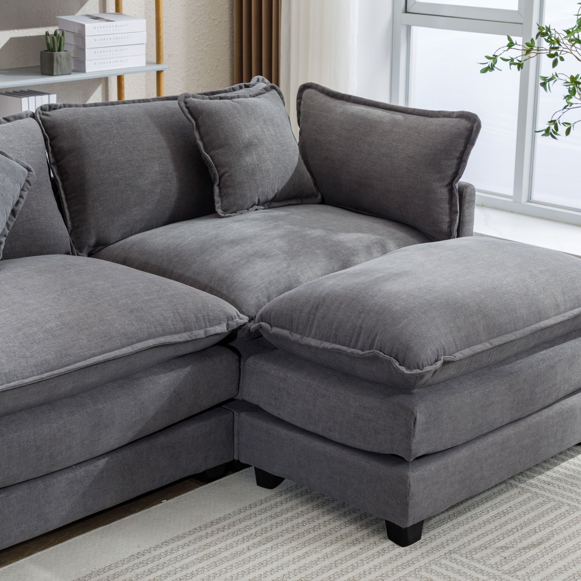112.2" L Shape Chenille Upholstered Sofa For Living Room Modern Luxury Sofa Couch With Ottoman, 5 Pillows, Gray Gray Foam 4 Seat