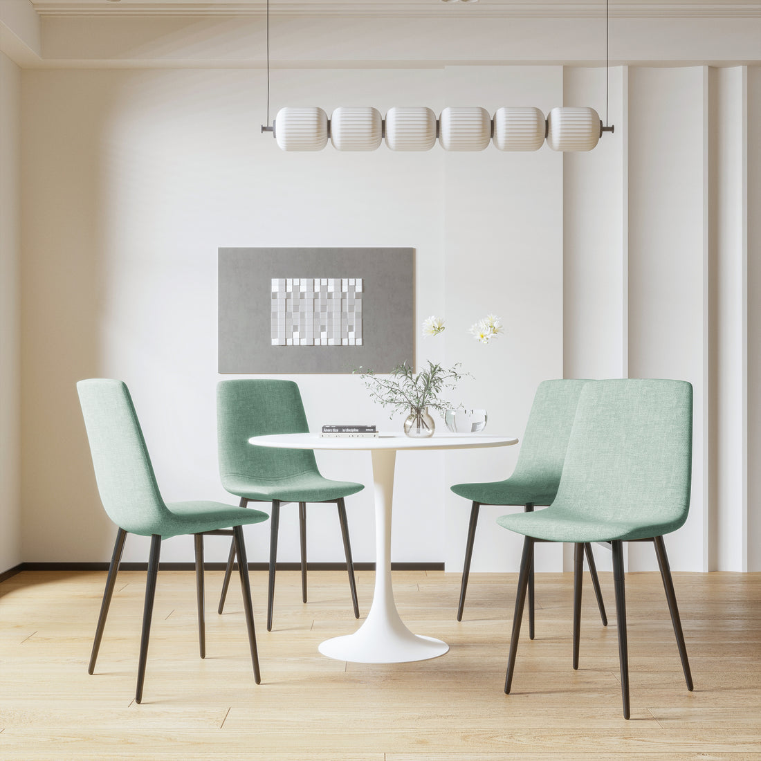 Round Mdf Dining Table Set For 4, White Dining Table Mdf Easy Clean With Durable Black Metal Legs, 4 Pcs Comfortable Dining Chair Linen Upholstered Chair For Restaurant,Guest Receptions Metal White Green Seats 4 Metal Dining Room American Design 4 Leg
