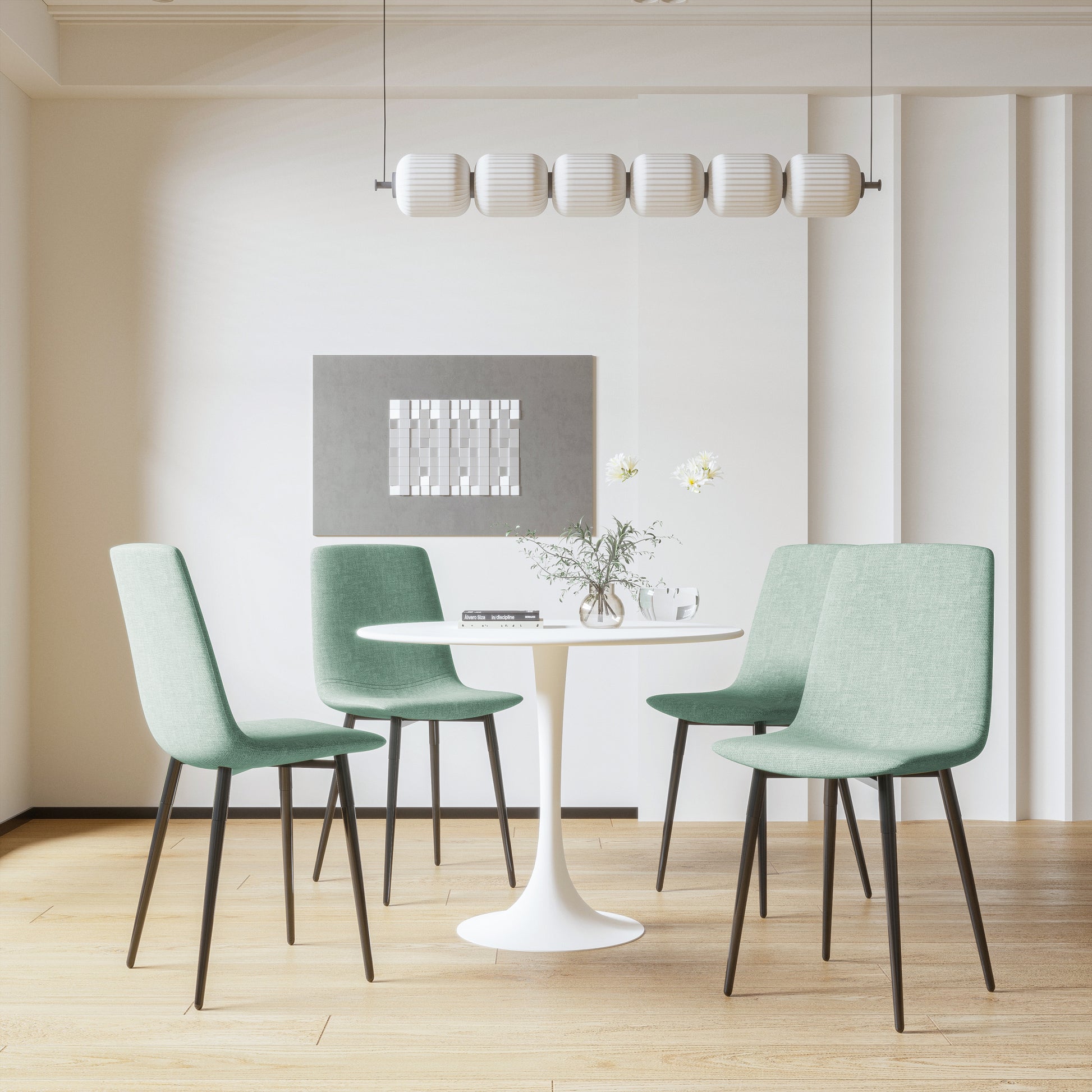 Round Mdf Dining Table Set For 4, White Dining Table Mdf Easy Clean With Durable Black Metal Legs, 4 Pcs Comfortable Dining Chair Linen Upholstered Chair For Restaurant,Guest Receptions Metal White Green Seats 4 Metal Dining Room American Design 4 Leg