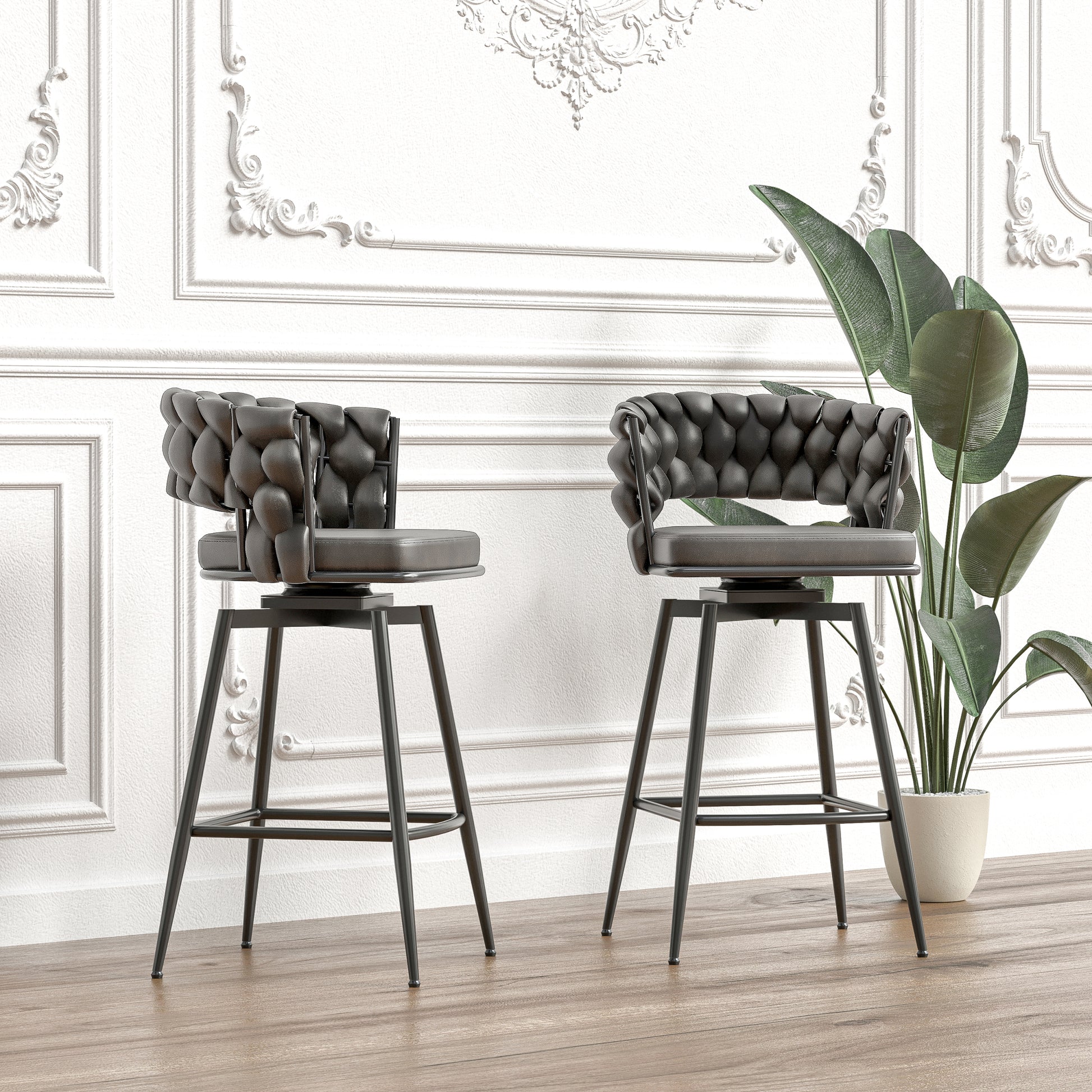 Technical Leather Woven Bar Stool Set Of 2,Black Legs Barstools No Adjustable Kitchen Island Chairs,360 Swivel Bar Stools Upholstered Counter Stool Arm Chairs With Back Footrest, Tan Metal Black Brown Kitchen Dining Chairs Foam Technical Leather