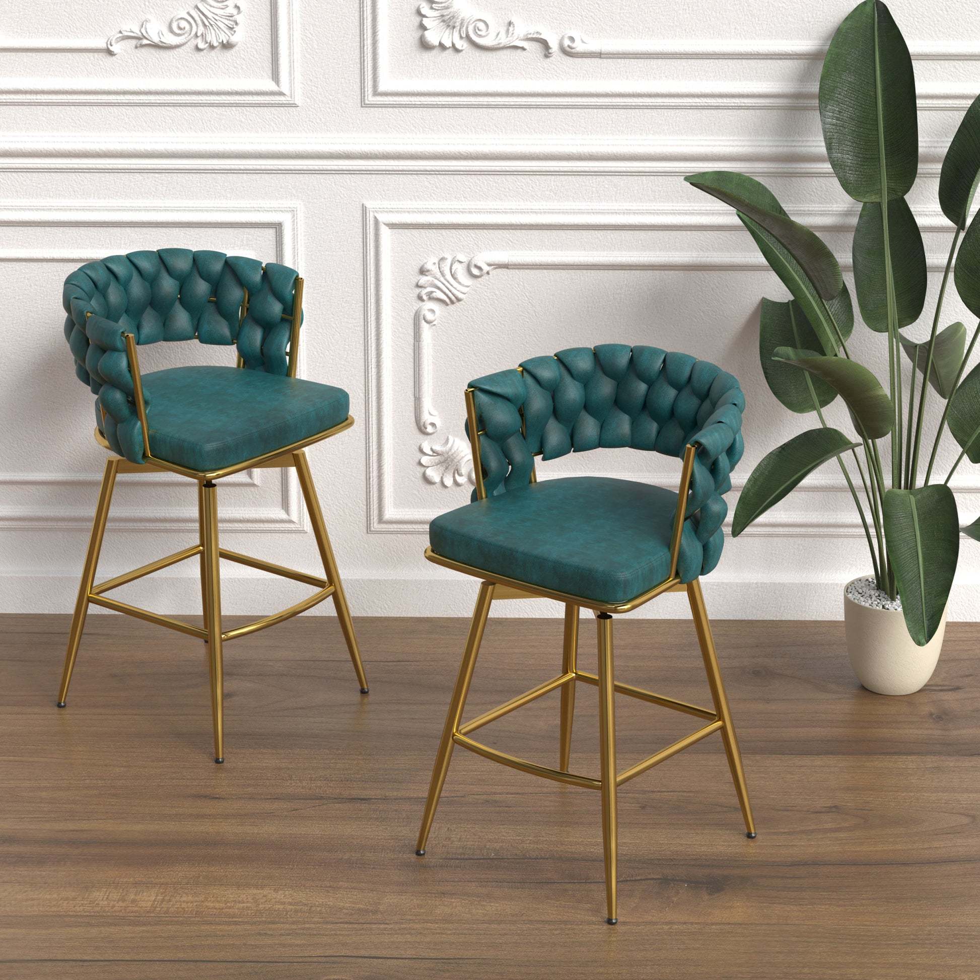 Bar Chair Suede Woven Bar Stool Set Of 4,Golden Legs Barstools No Adjustable Kitchen Island Chairs,360 Swivel Bar Stools Upholstered Bar Chair Counter Stool Arm Chairs With Back Footrest, Blue Metal Blue Kitchen Dining Chairs Foam Technical Leather