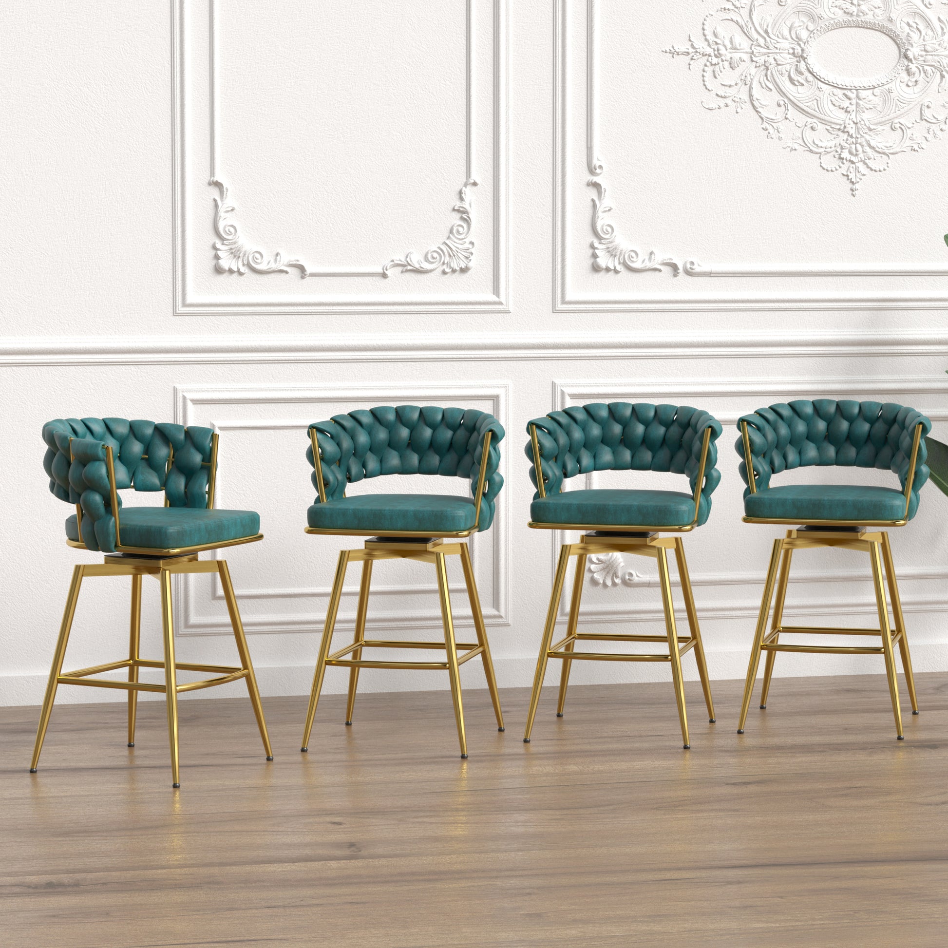 Bar Chair Suede Woven Bar Stool Set Of 4,Golden Legs Barstools No Adjustable Kitchen Island Chairs,360 Swivel Bar Stools Upholstered Bar Chair Counter Stool Arm Chairs With Back Footrest, Blue Metal Blue Kitchen Dining Chairs Foam Technical Leather