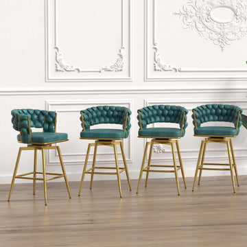 Bar Chair Suede Woven Bar Stool Set Of 4,Golden Legs Barstools No Adjustable Kitchen Island Chairs,360 Swivel Bar Stools Upholstered Bar Chair Counter Stool Arm Chairs With Back Footrest, Blue Metal Blue Kitchen Dining Chairs Foam Technical Leather