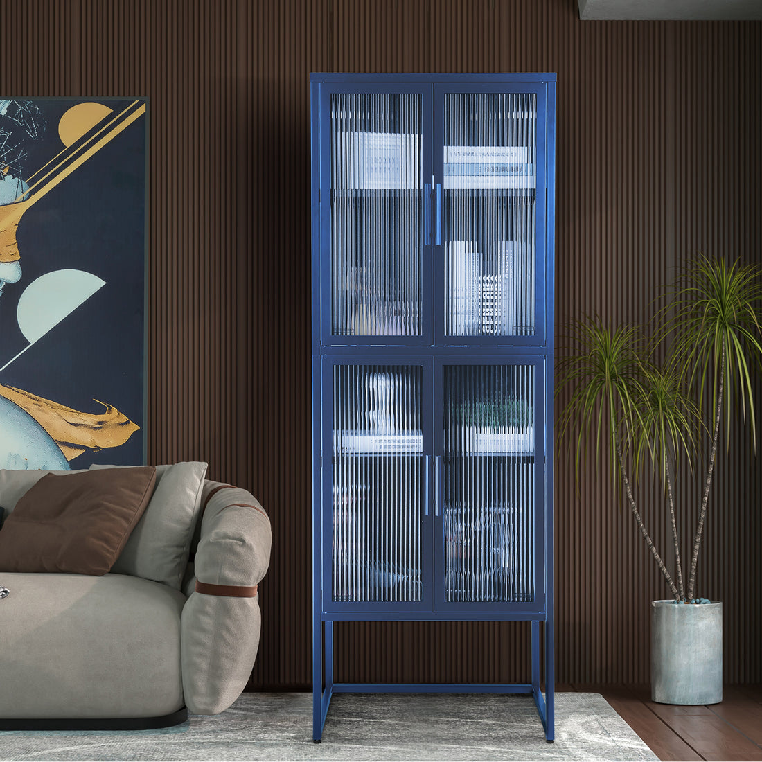 Stylish 4 Door Tempered Glass Cabinet With 4 Glass Doors Adjustable Shelves U Shaped Leg Anti Tip Dust Free Fluted Glass Kitchen Credenza Blue Blue Tempered Glass Sheet Metal Plastic