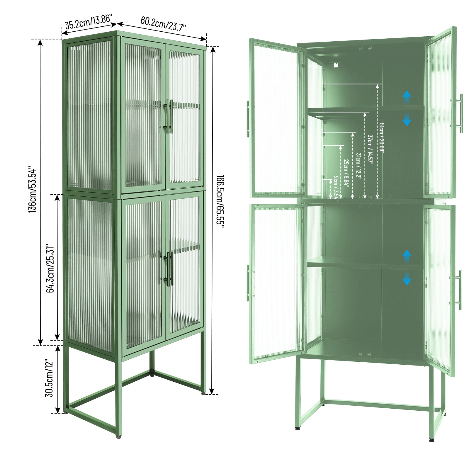 Stylish 4 Door Tempered Glass Cabinet With 4 Glass Doors Adjustable Shelves U Shaped Leg Anti Tip Dust Free Fluted Glass Kitchen Credenza Light Green Mint Green Tempered Glass Sheet Metal Plastic