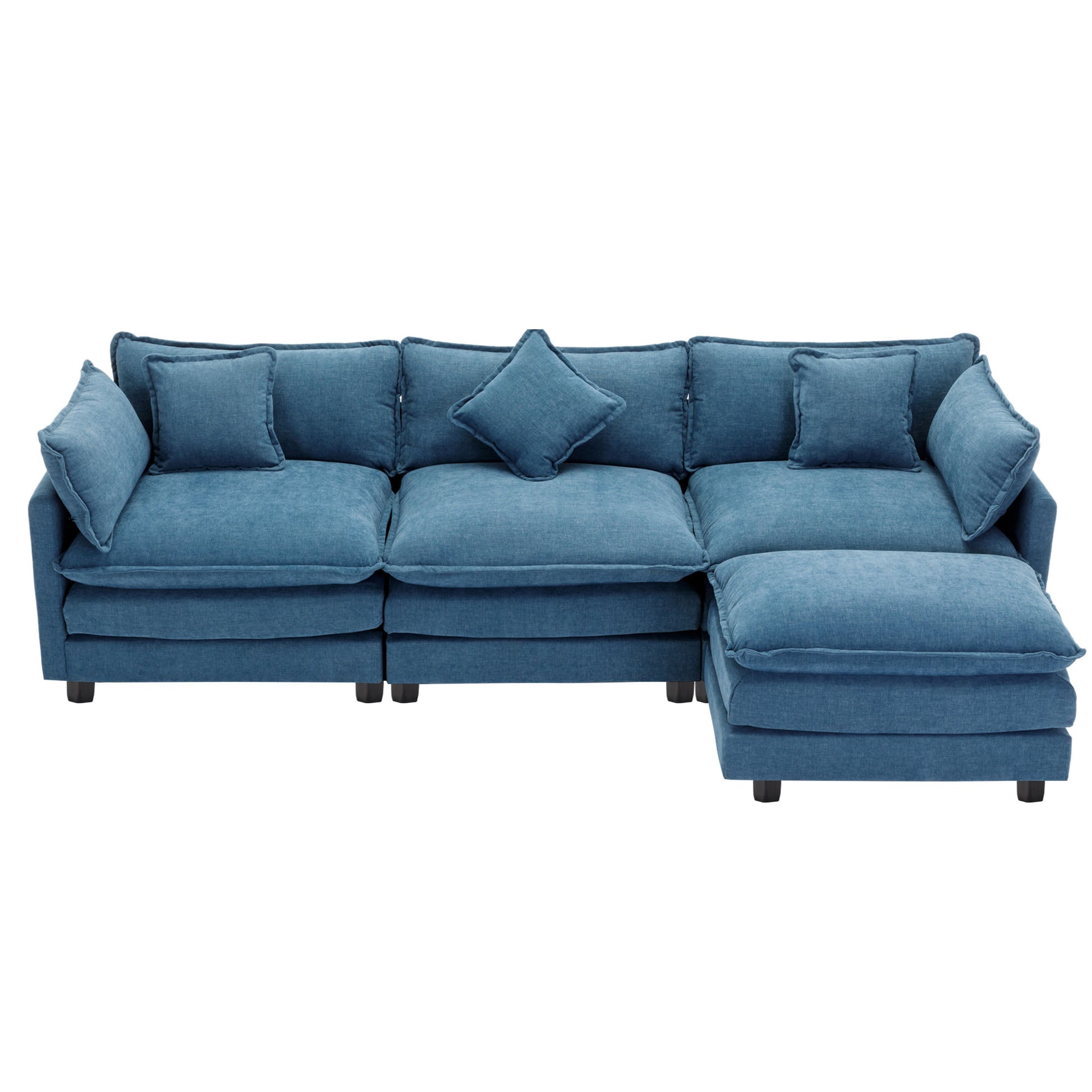 112.2" L Shape Chenille Upholstered Sofa For Living Room Modern Luxury Sofa Couch With Ottoman, 5 Pillows, Blue Blue Foam 4 Seat