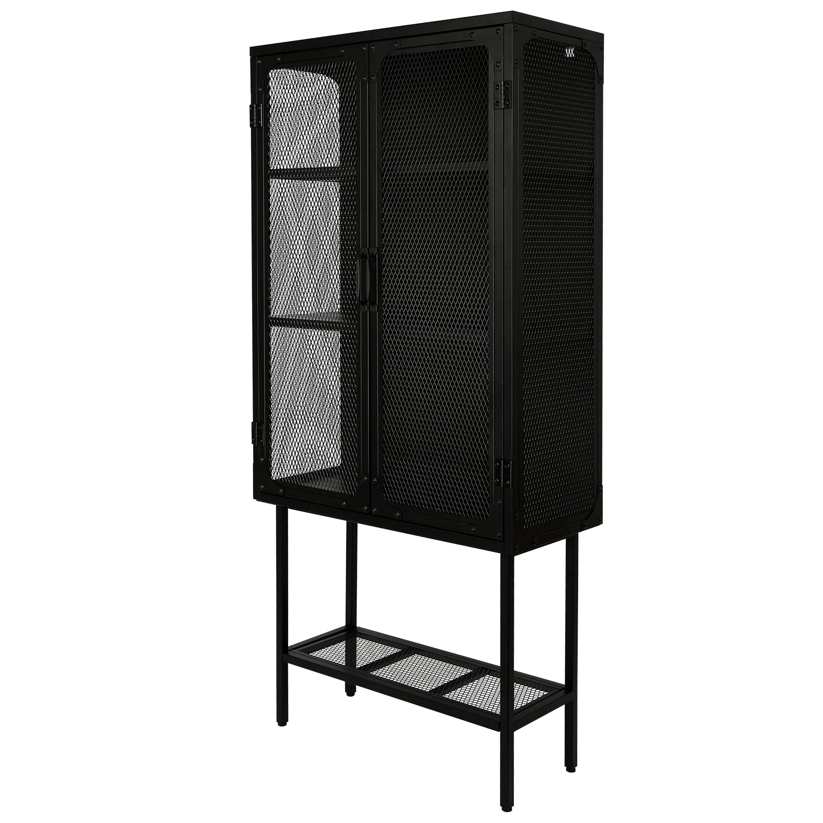 Industrial Cabinet Cupboard With 2 Metal Mesh Doors Adjustable Shelves And Feet Bottom Shelf Anti Tip Dust Free Kitchen Credenza Sideboard Black Black Steel