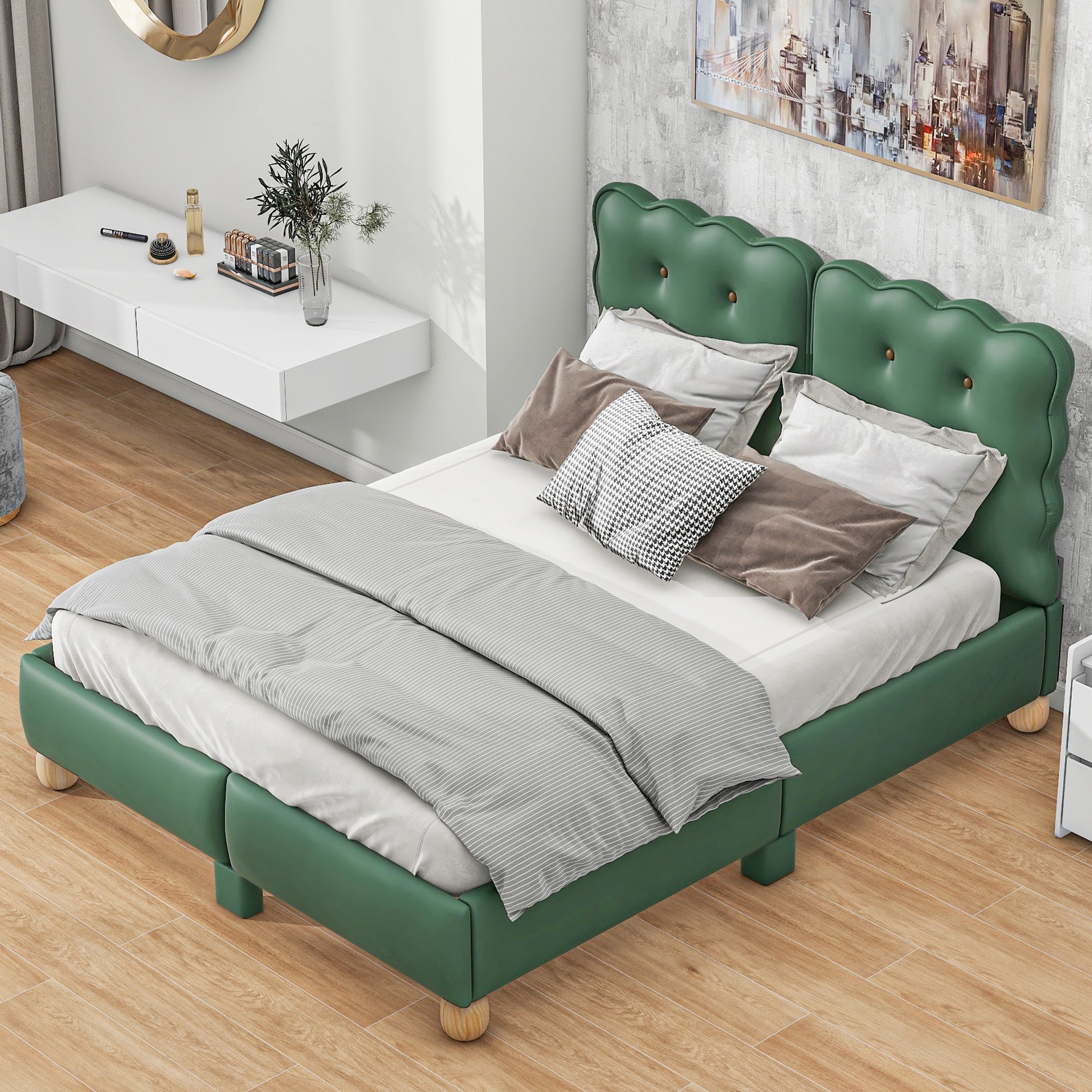 Full Size Upholstered Platform Bed With Support Legs,Green Green Upholstered