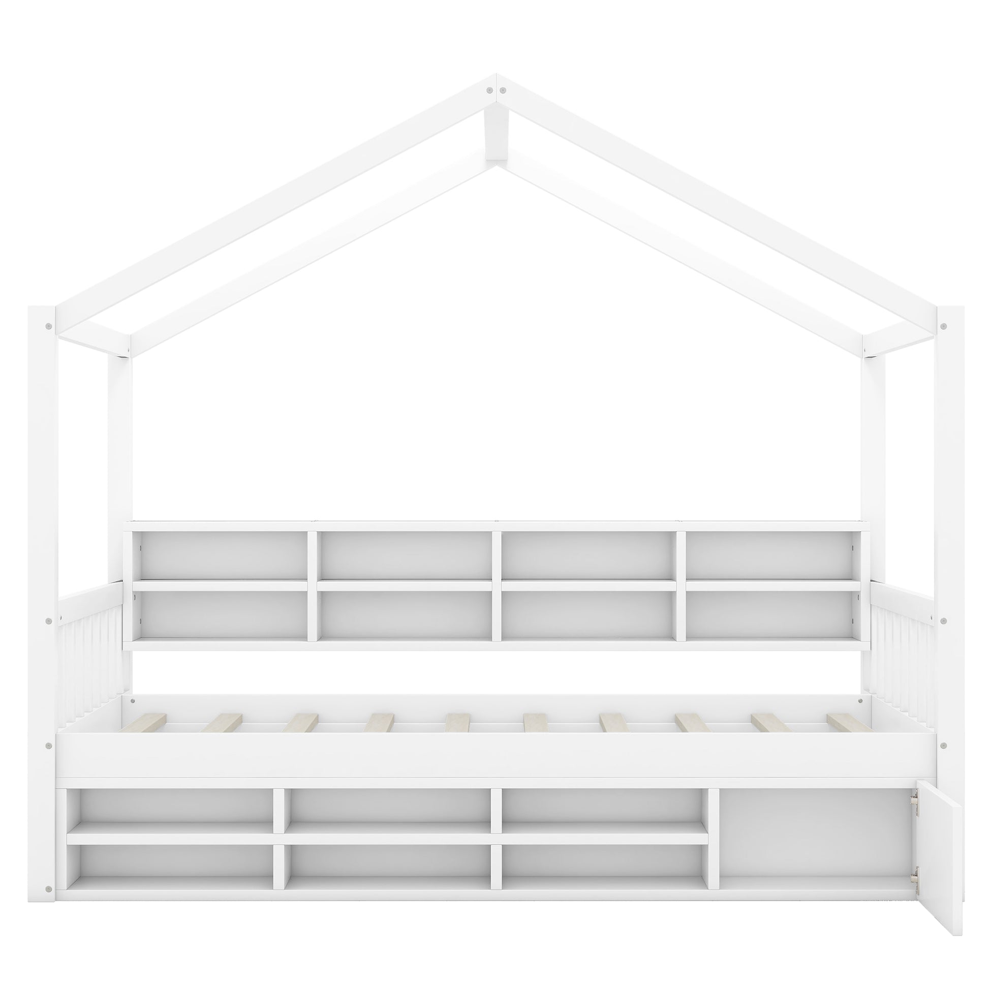 Twin Size Wooden House Bed With Shelves And A Mini Cabinet, White Box Spring Not Required White Wood Bedroom Pine Bed Frame Wood