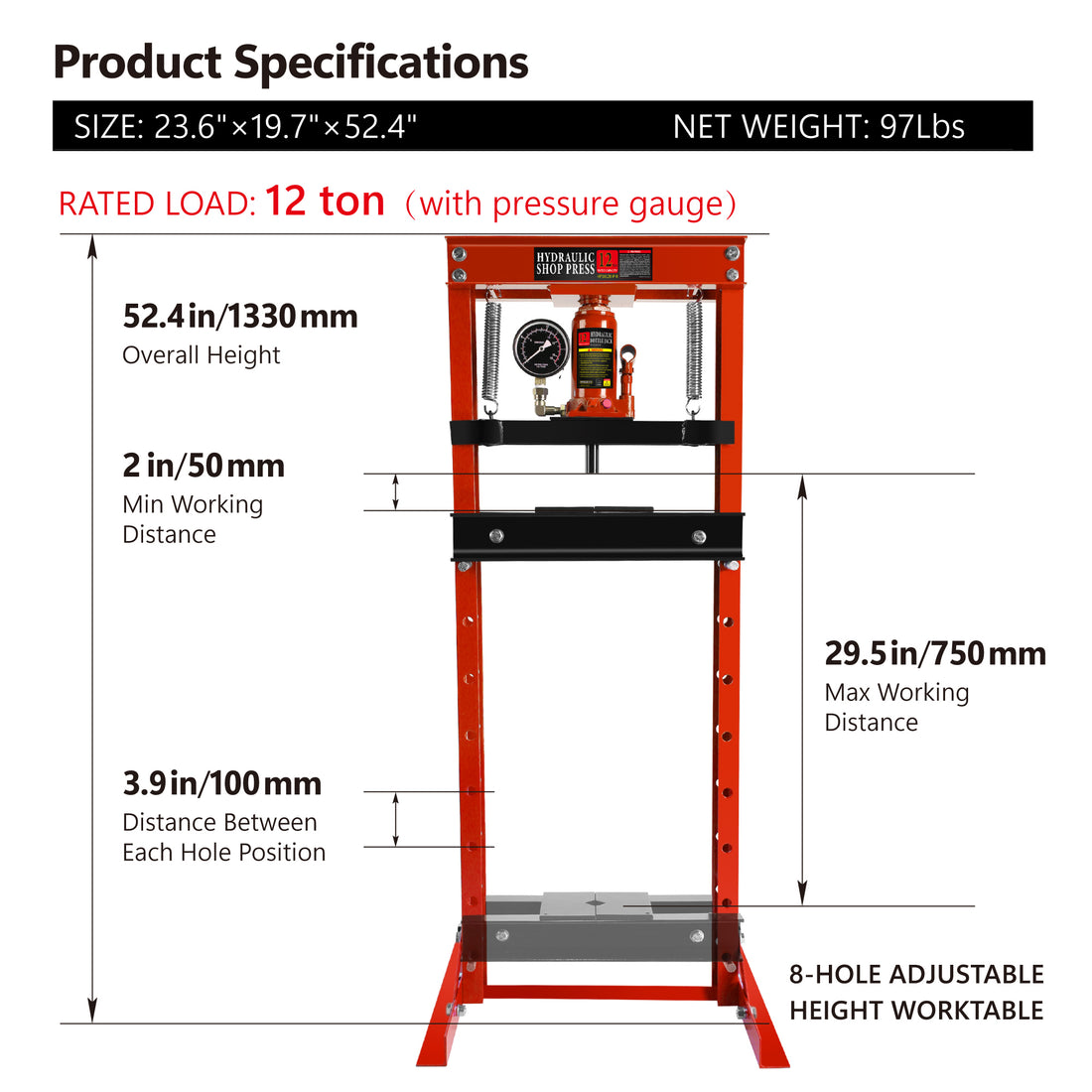 Steel H Frame Hydraulic Garage Shop Floor Press With Stamping Plates, With A Pressure Gauge,12 Ton 24,000 Lb Capacity, Red Red Steel