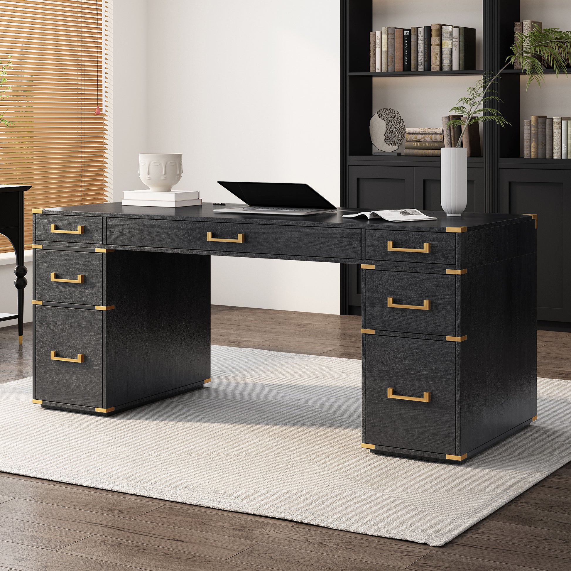 70"Classic And Traditional Executive Desk With Metal Edge Trim ,Writing Desk With 2 File Drawers,Usb Ports And Outlets,Desk With Hidden Compartment For Living Room,Home Office,Study Room,Black Black Gold Mdf Metal