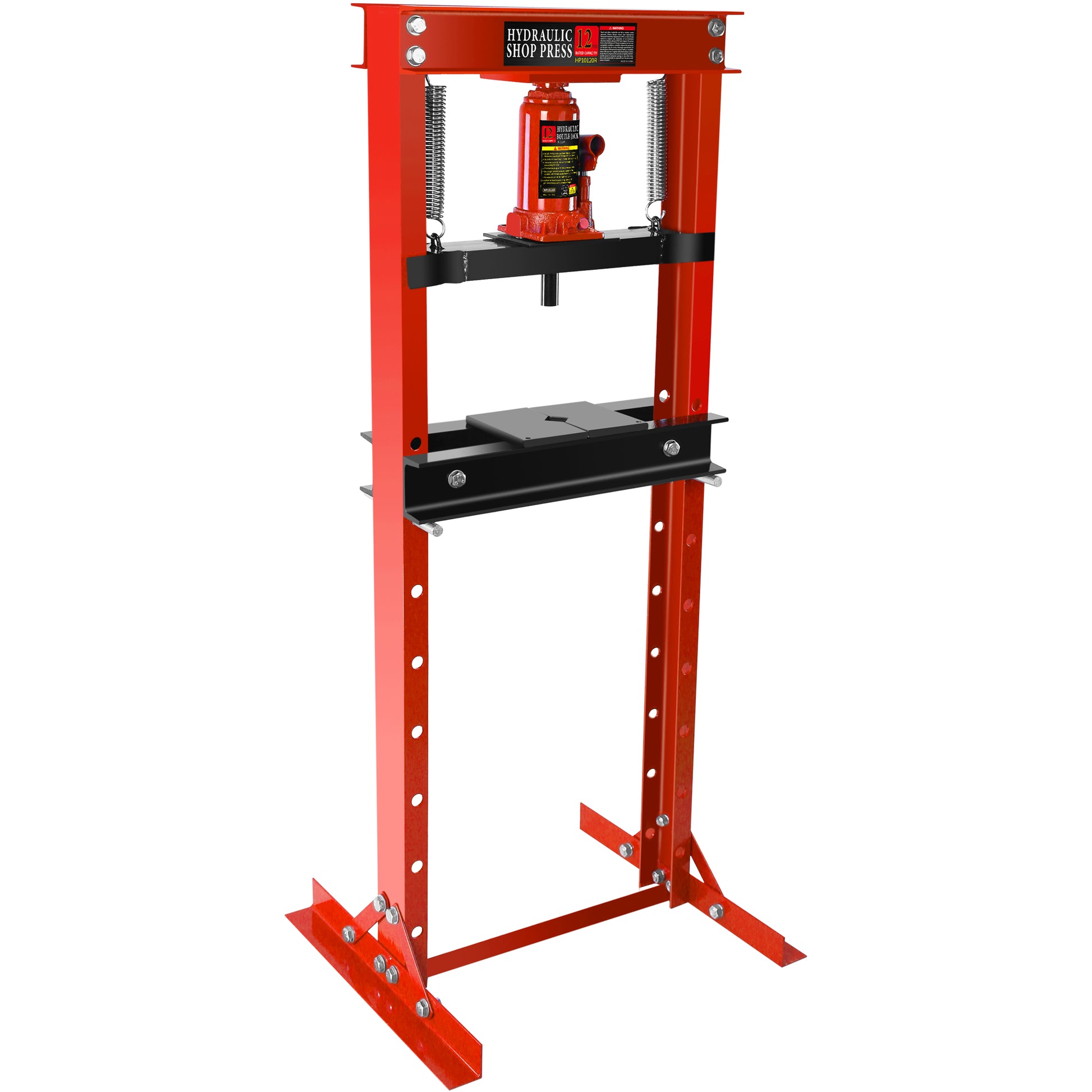 12 Ton Hydraulic Shop Floor Press, Steel H Frame Shop Press With Steel Plates Adjustable Working Table, Floor Stand Jack For Gears And Bearings Red Steel