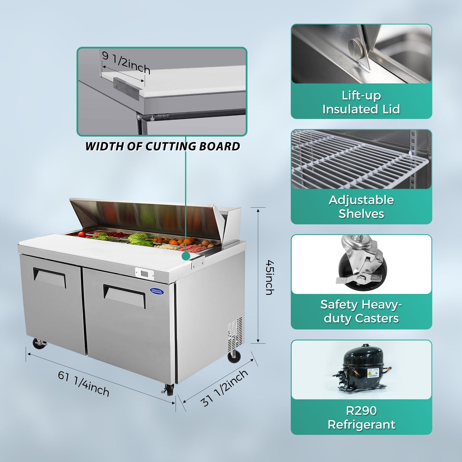 Orikool 60 In Commercial Refrigerators Sandwich&Salad Prep Table With A Butcher Block Cutting Board, Protection Lid, Cold Storage, Etl Certified Silver Stainless Steel