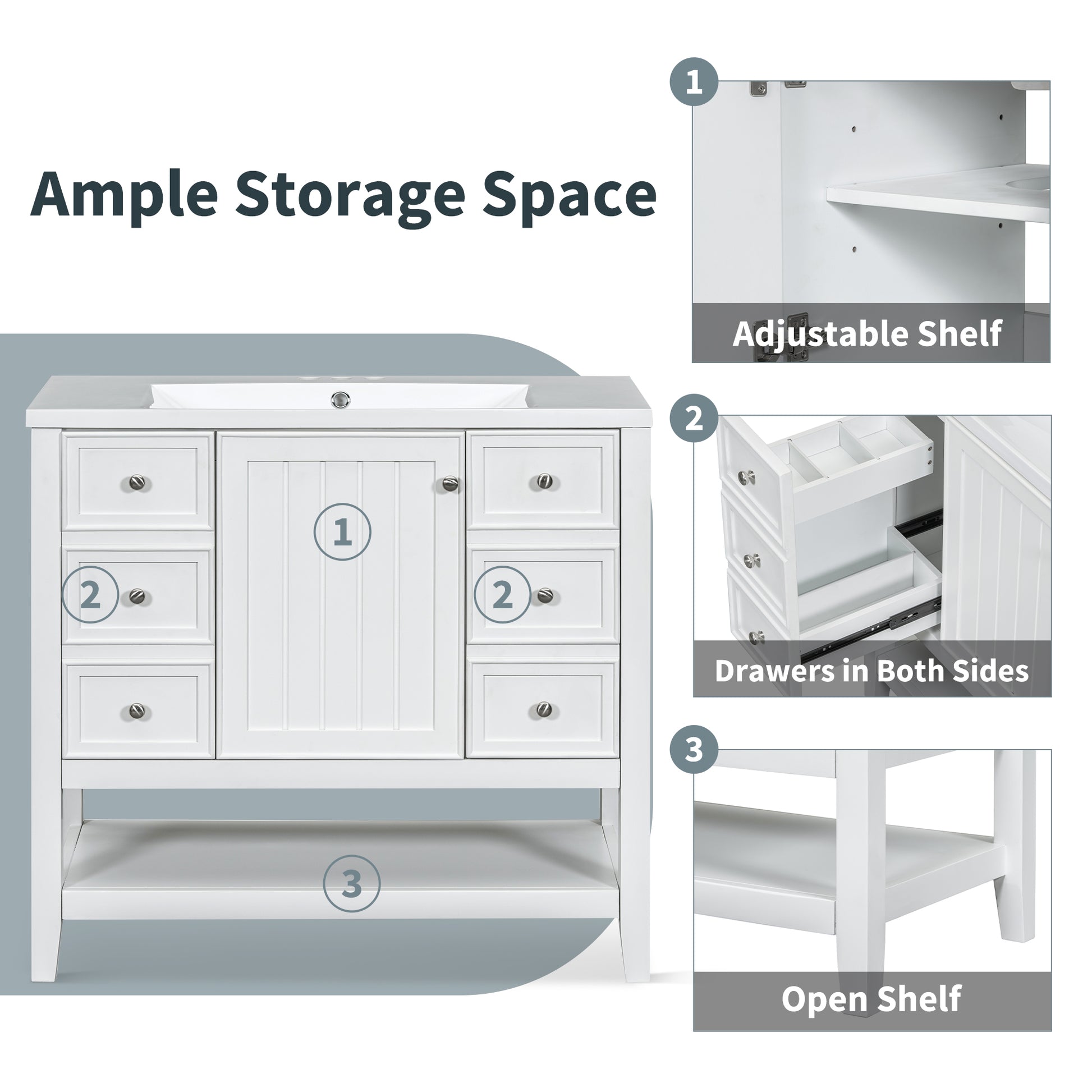 36" Bathroom Vanity With Sink Combo, One Cabinet And Three Drawers, Solid Wood And Mdf Board, White Old Sku:Sy999505Aak White Solid Wood Mdf
