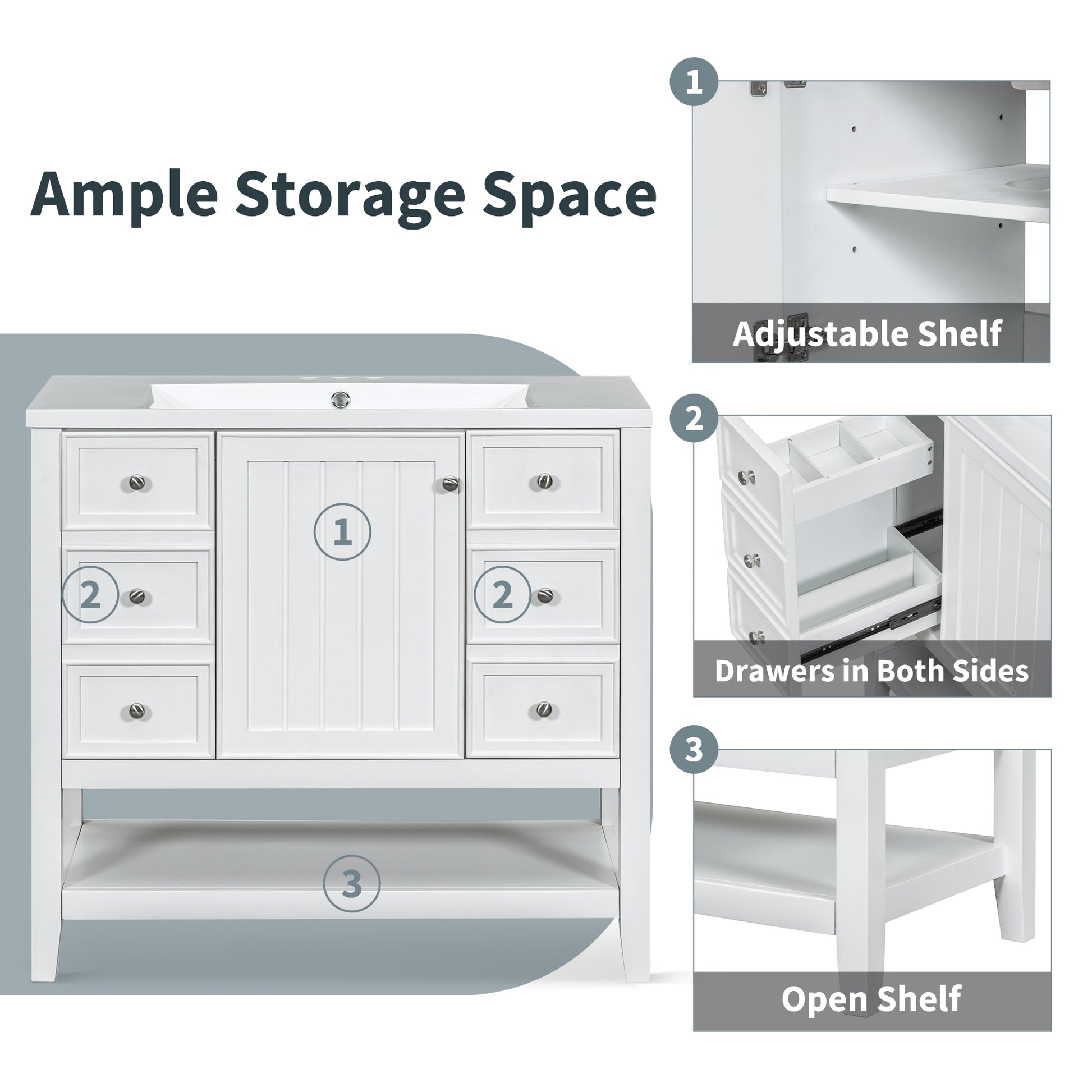 36" Bathroom Vanity Without Sink, Cabinet Base Only, One Cabinet And Three Drawers, White White Solid Wood Mdf