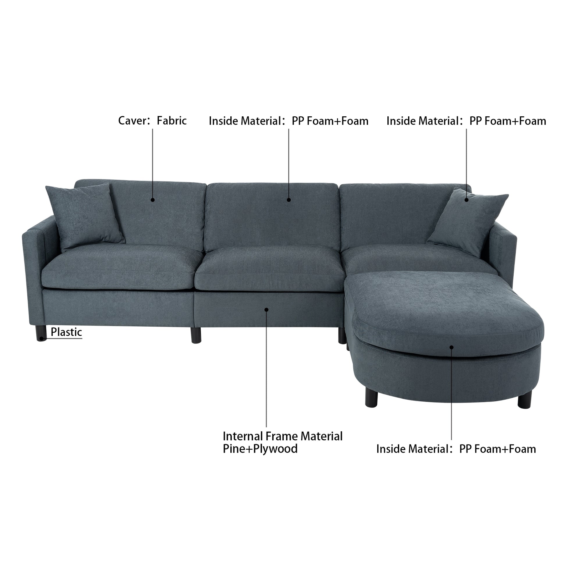 107.87'Sectional Sofa Couch With 1 Ottoman,Seat Cushion And Back Cushion Removable Dark Gray Polyester