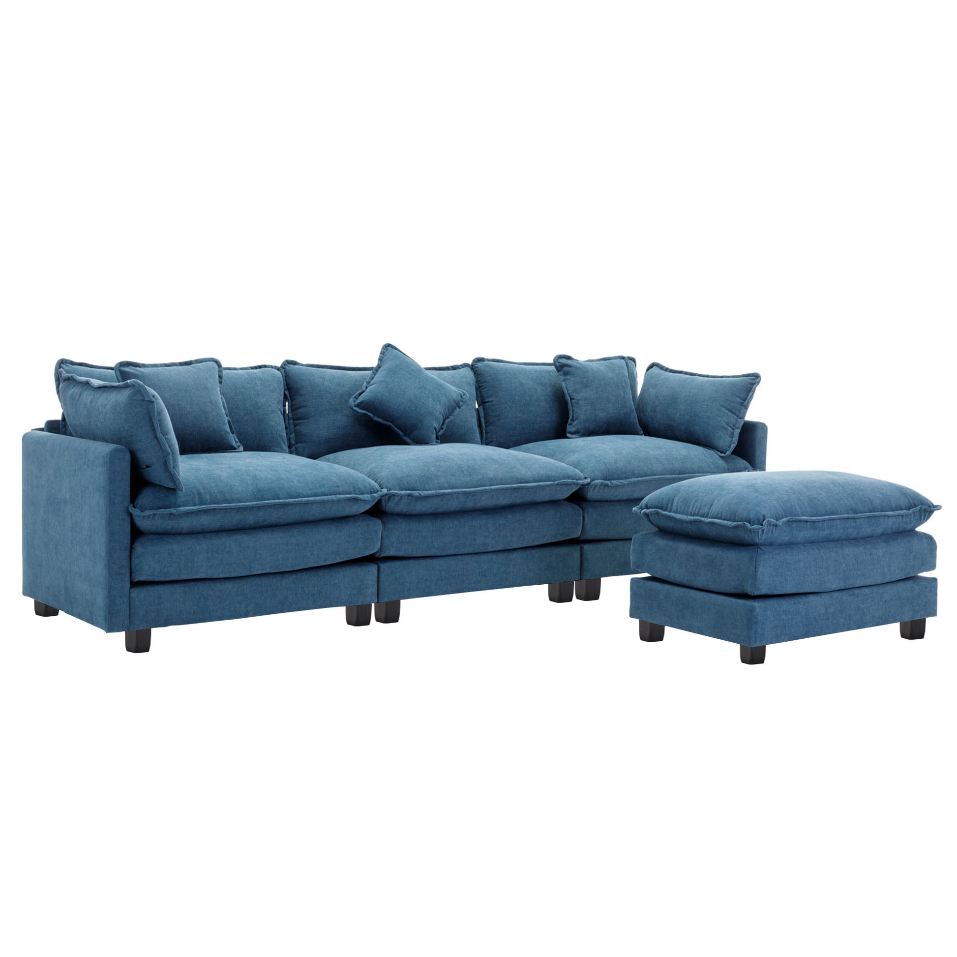 112.2" L Shape Chenille Upholstered Sofa For Living Room Modern Luxury Sofa Couch With Ottoman, 5 Pillows, Blue Blue Foam 4 Seat