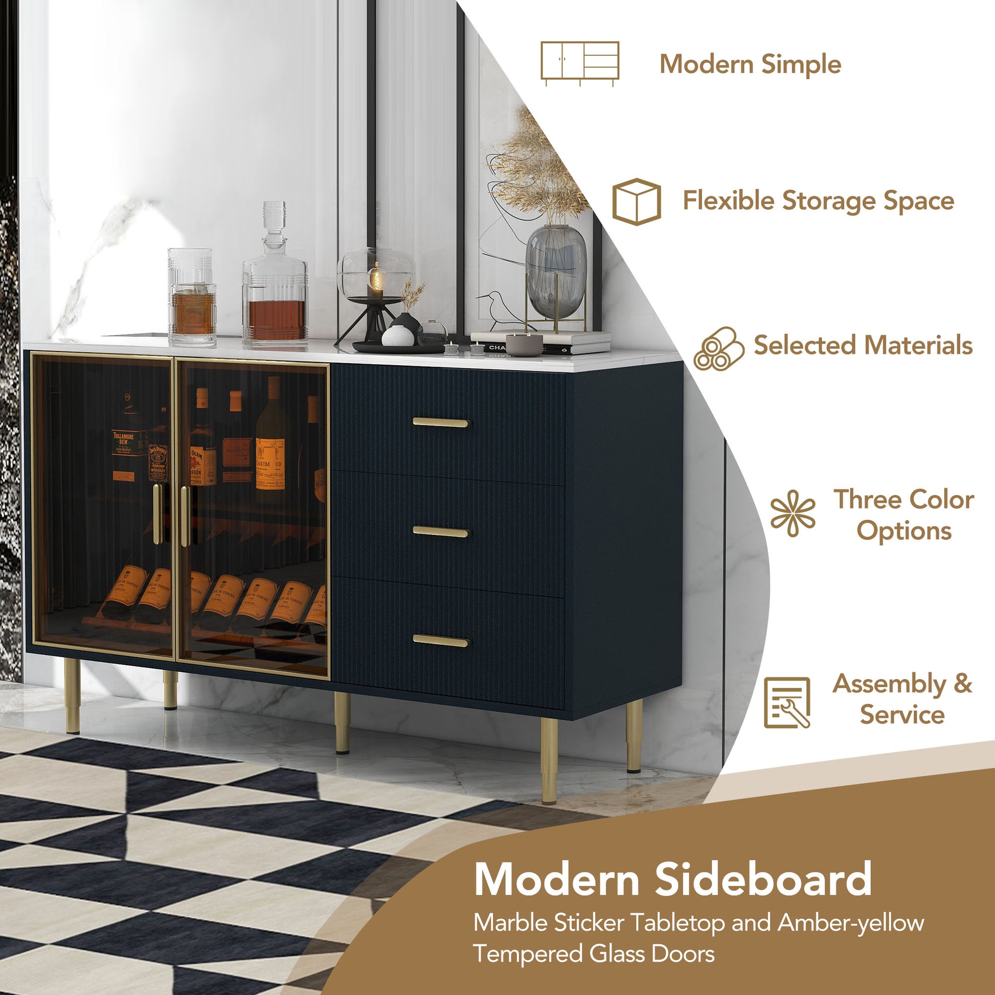 Modern Sideboard Mdf Buffet Cabinet Marble Sticker Tabletop And Amber Yellow Tempered Glass Doors With Gold Metal Legs & Handles Navy Blue Navy Blue Mdf Glass