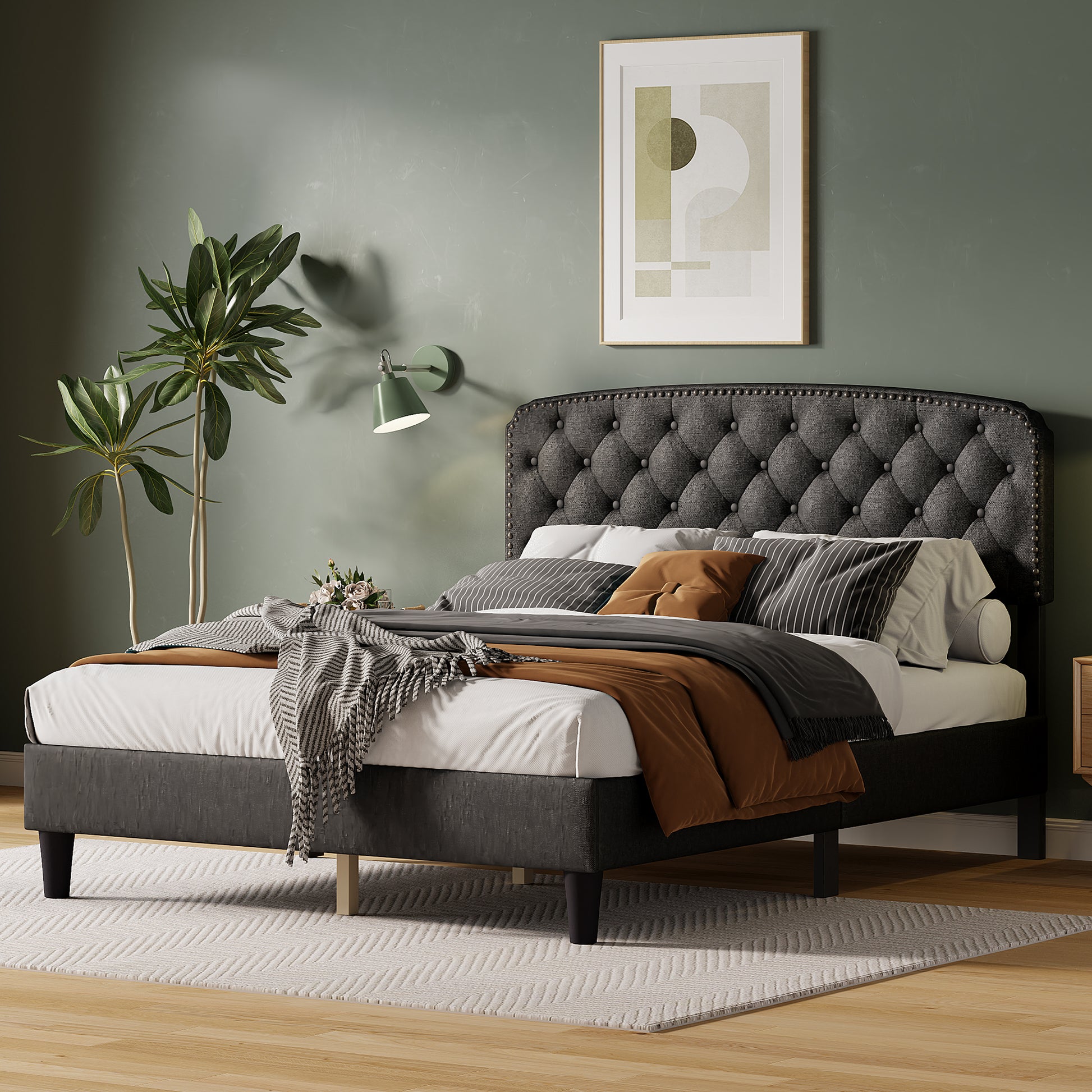 Queen Size Adjustable Headboard With Fine Linen Upholstery And Button Tufting For Bedroom, Wave Top Dark Grey Dark Grey Wood
