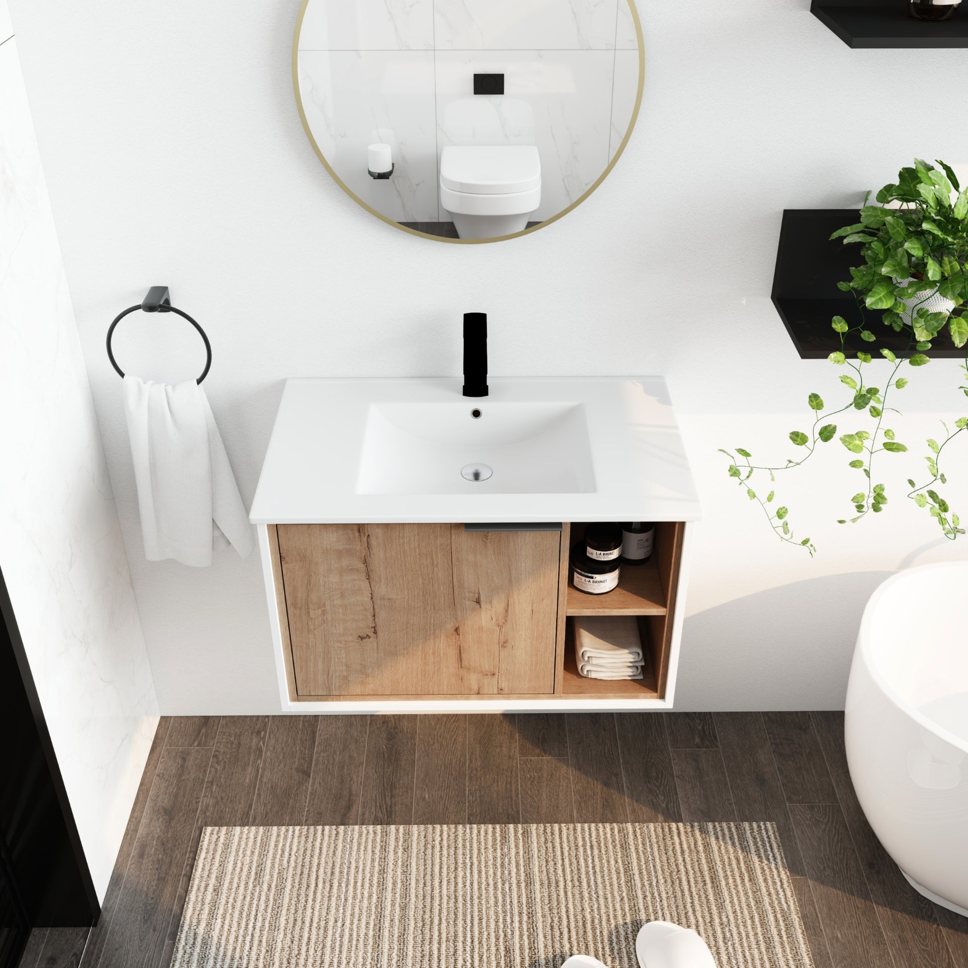 30'' Floating Wall Mounted Bathroom Vanity With Ceramics Sink & Soft Close Cabinet Door Imitative Oak 1 2 Soft Close Doors Bathroom Wall Mounted Modern Plywood