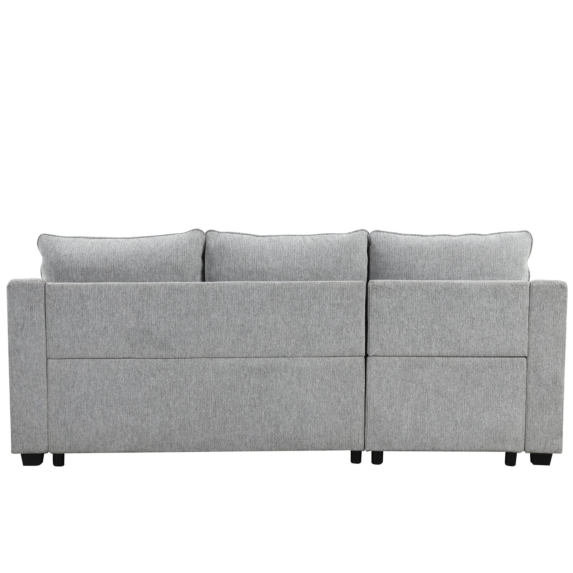 90" Pull Out Sleeper Sofa L Shaped Couch Convertible Sofa Bed With Storage Chaise, Storage Racks And Usb Ports, Light Grey Light Grey Foam Polyester 3 Seat