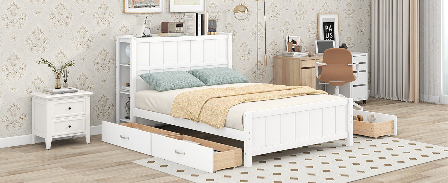 Full Size Platform Bed With Drawers And Storage Shelves, White White Solid Wood Mdf